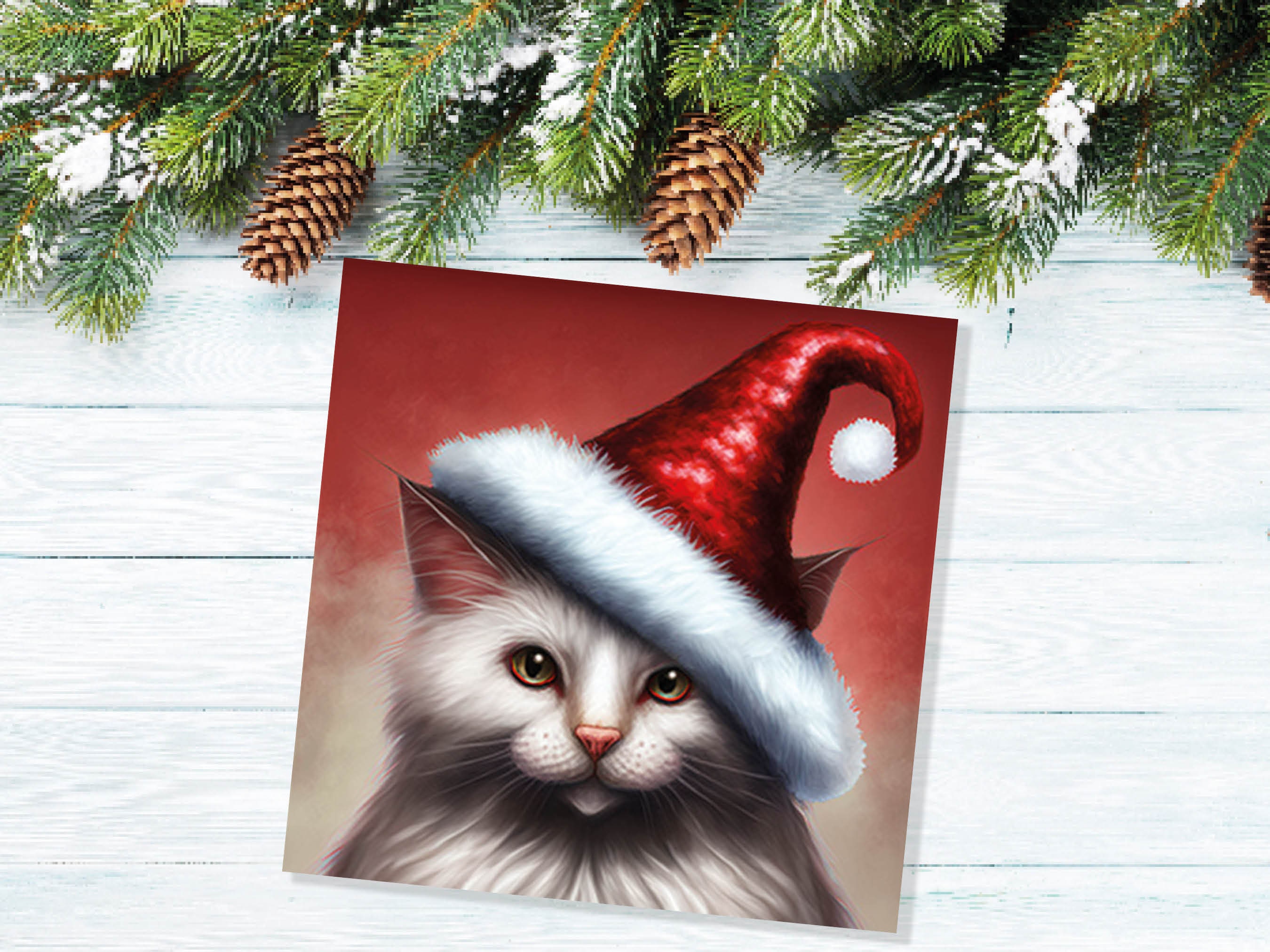 White Cat Christmas Card Long Haired Kitty Wearing Cute Red Santa Hat Festive with Amber Eyes Greetings Cards For Family Friends Xmas 2024 - View 4