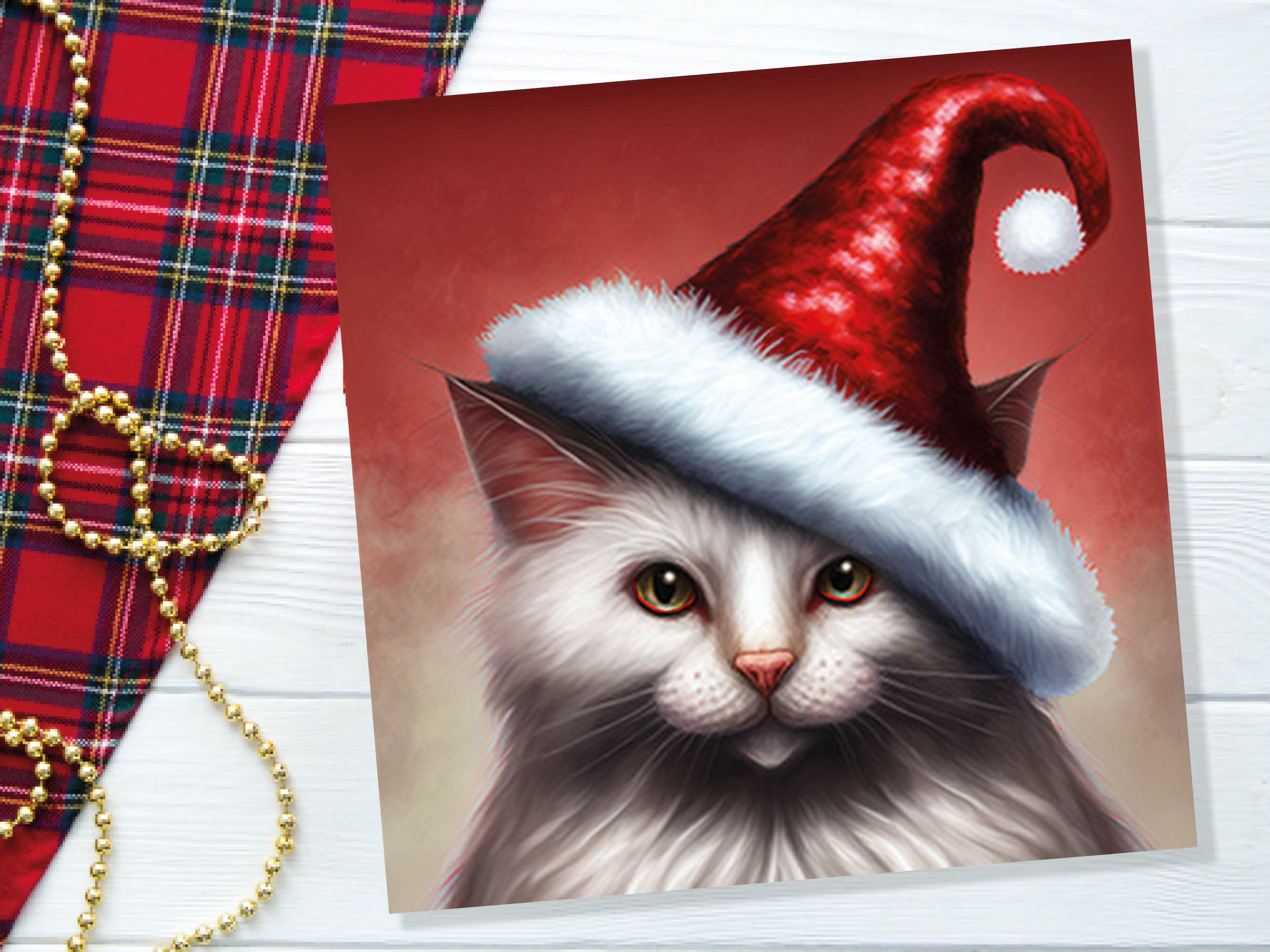 White Cat Christmas Card Long Haired Kitty Wearing Cute Red Santa Hat Festive with Amber Eyes Greetings Cards For Family Friends Xmas 2024 - View 5