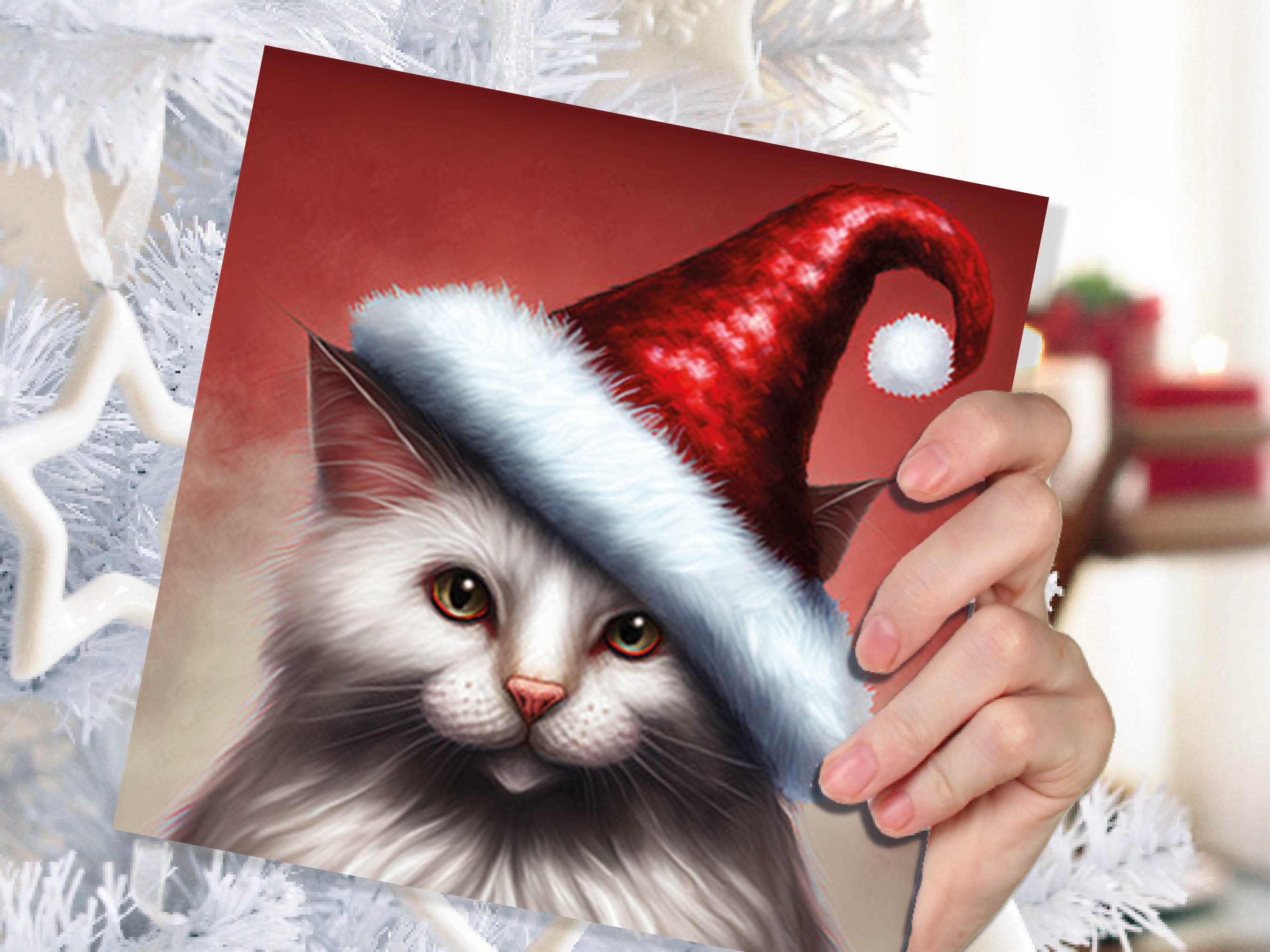 White Cat Christmas Card Long Haired Kitty Wearing Cute Red Santa Hat Festive with Amber Eyes Greetings Cards For Family Friends Xmas 2024 - View 6