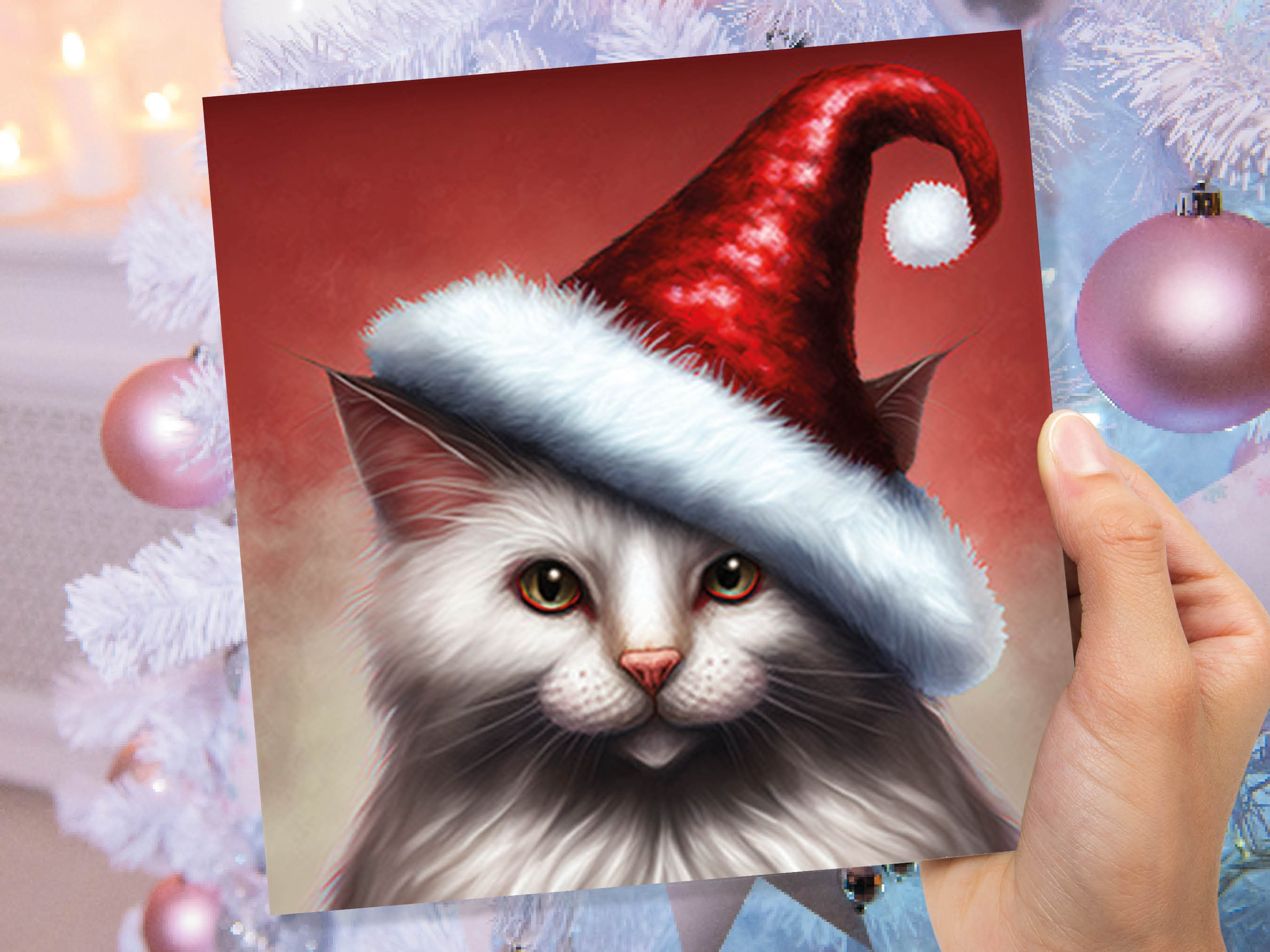 White Cat Christmas Card Long Haired Kitty Wearing Cute Red Santa Hat Festive with Amber Eyes Greetings Cards For Family Friends Xmas 2024 - View 7