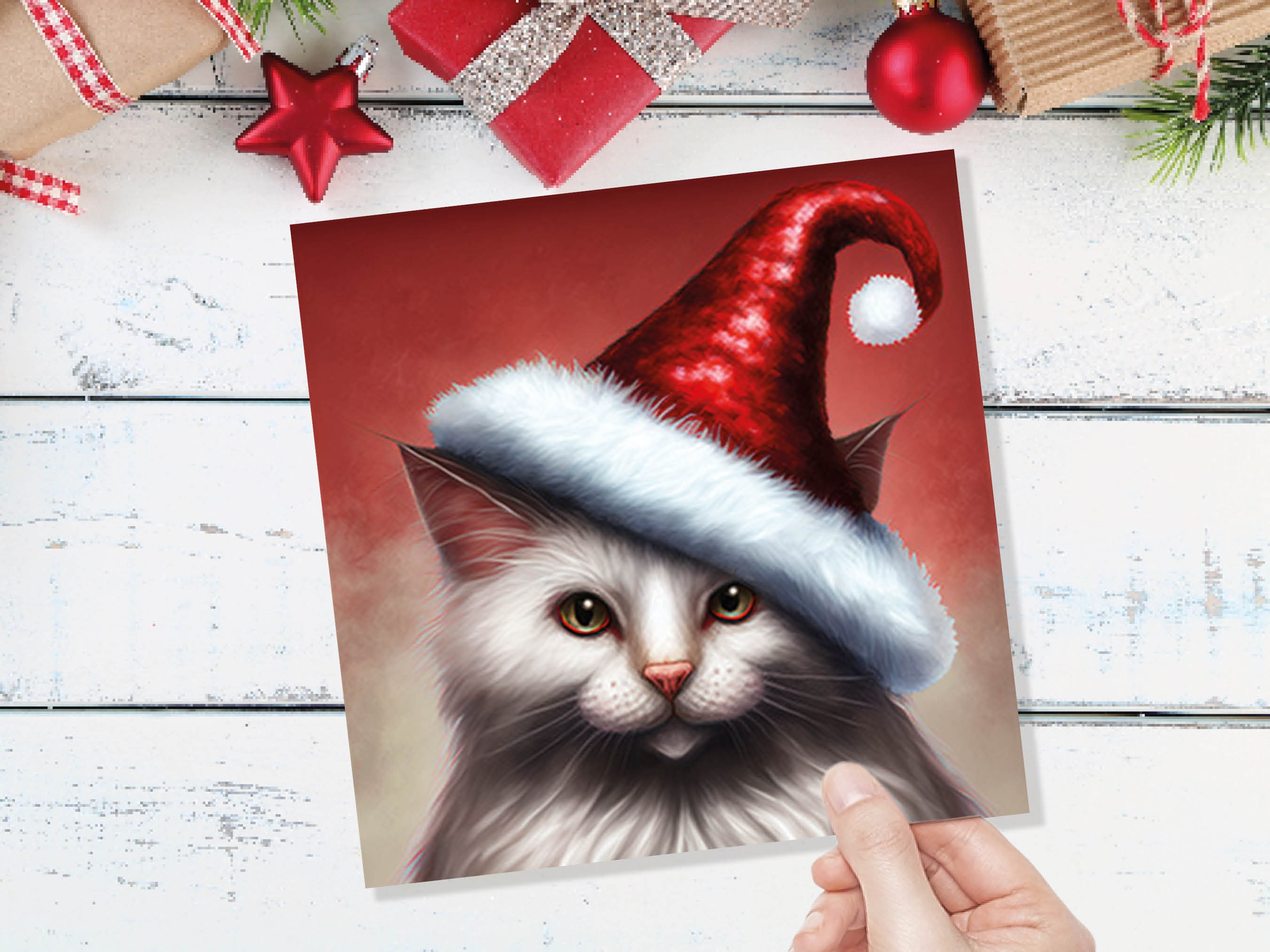 White Cat Christmas Card Long Haired Kitty Wearing Cute Red Santa Hat Festive with Amber Eyes Greetings Cards For Family Friends Xmas 2024 - View 8