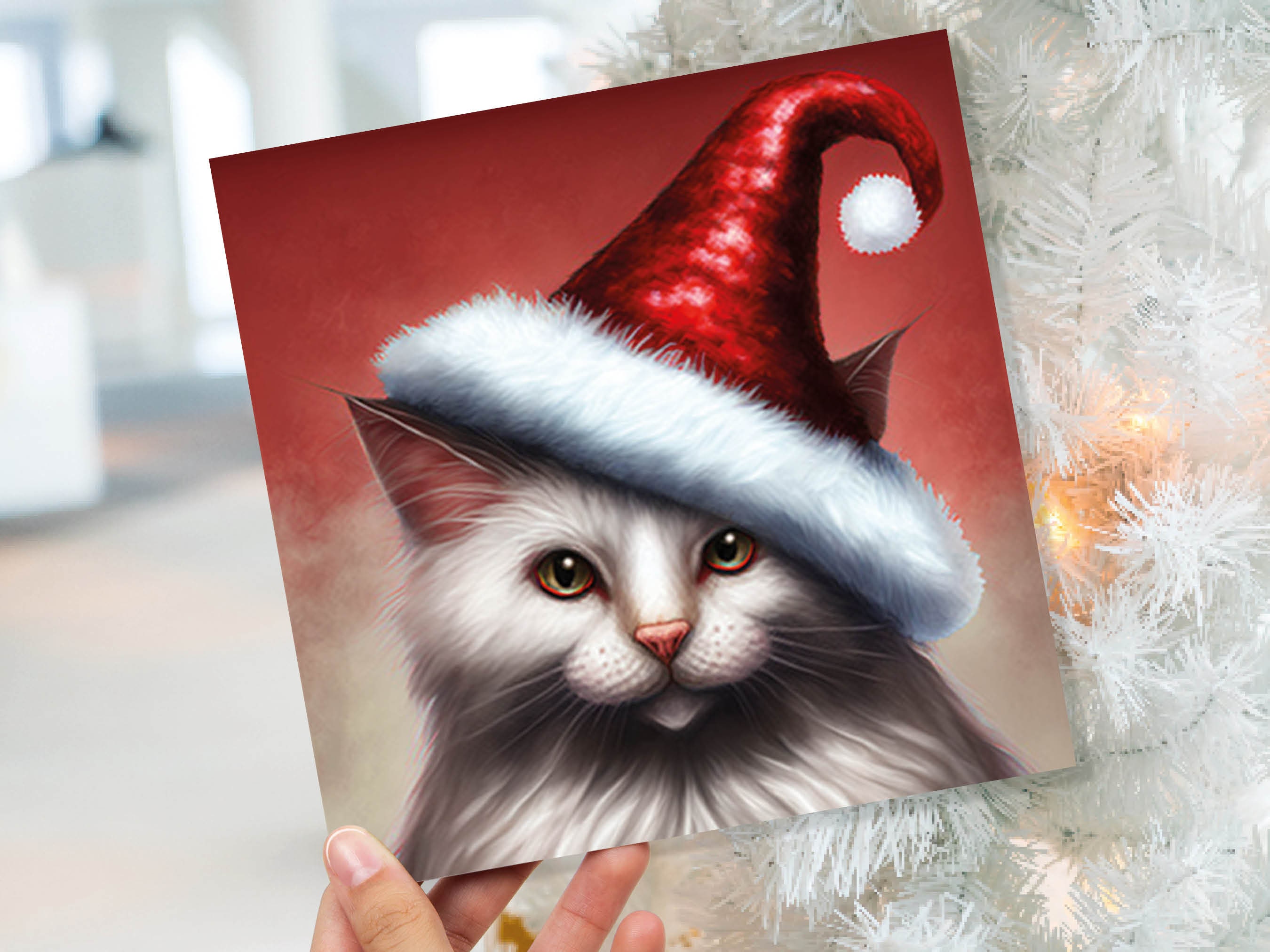 White Cat Christmas Card Long Haired Kitty Wearing Cute Red Santa Hat Festive with Amber Eyes Greetings Cards For Family Friends Xmas 2024 - View 9