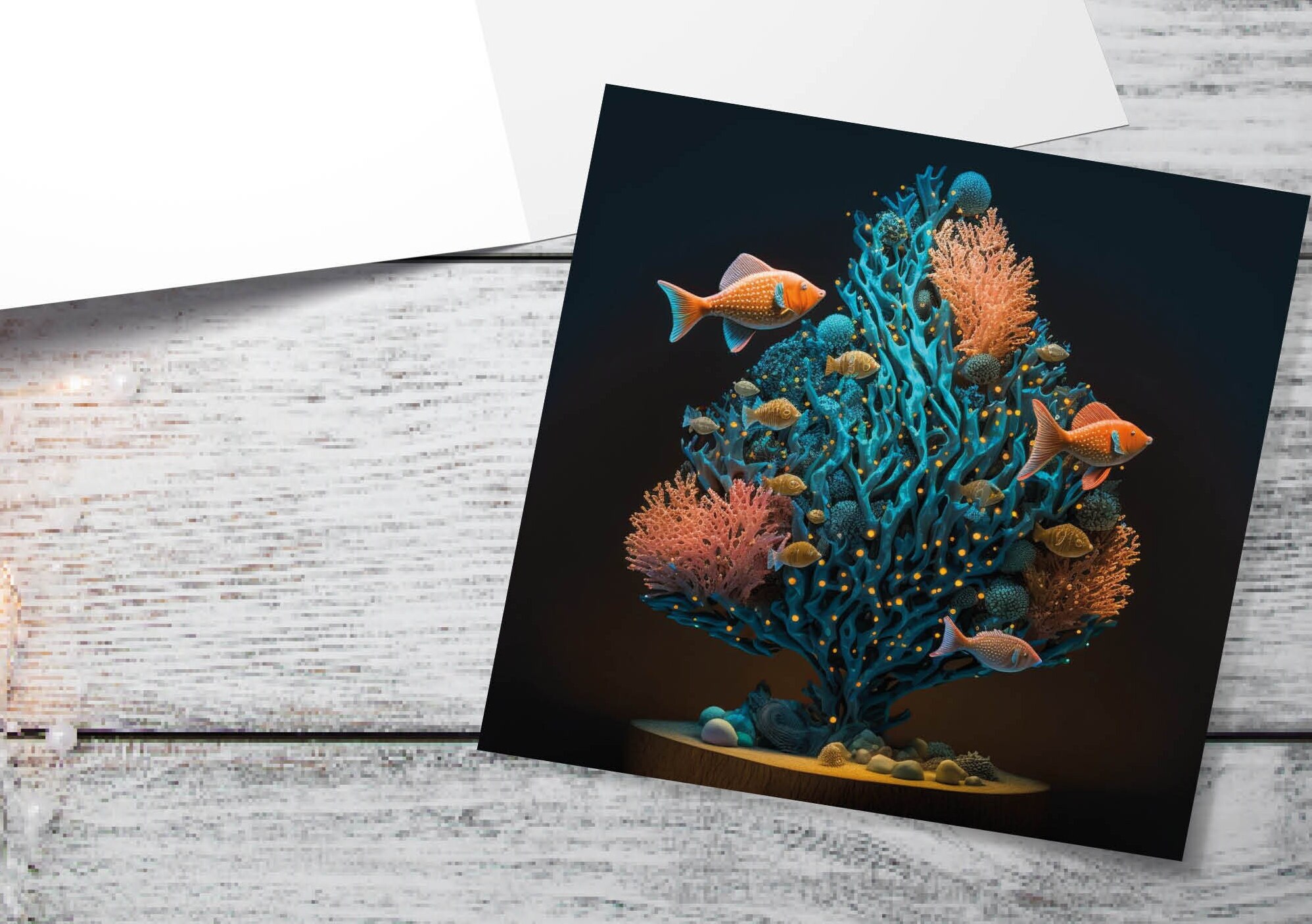 Coral Christmas Tree Card Underwater Ocean Scene Aqua Blue and Orange Sea Life Swim Fish Unique Greetings Cards For Family Friends Xmas 2024 - View 10