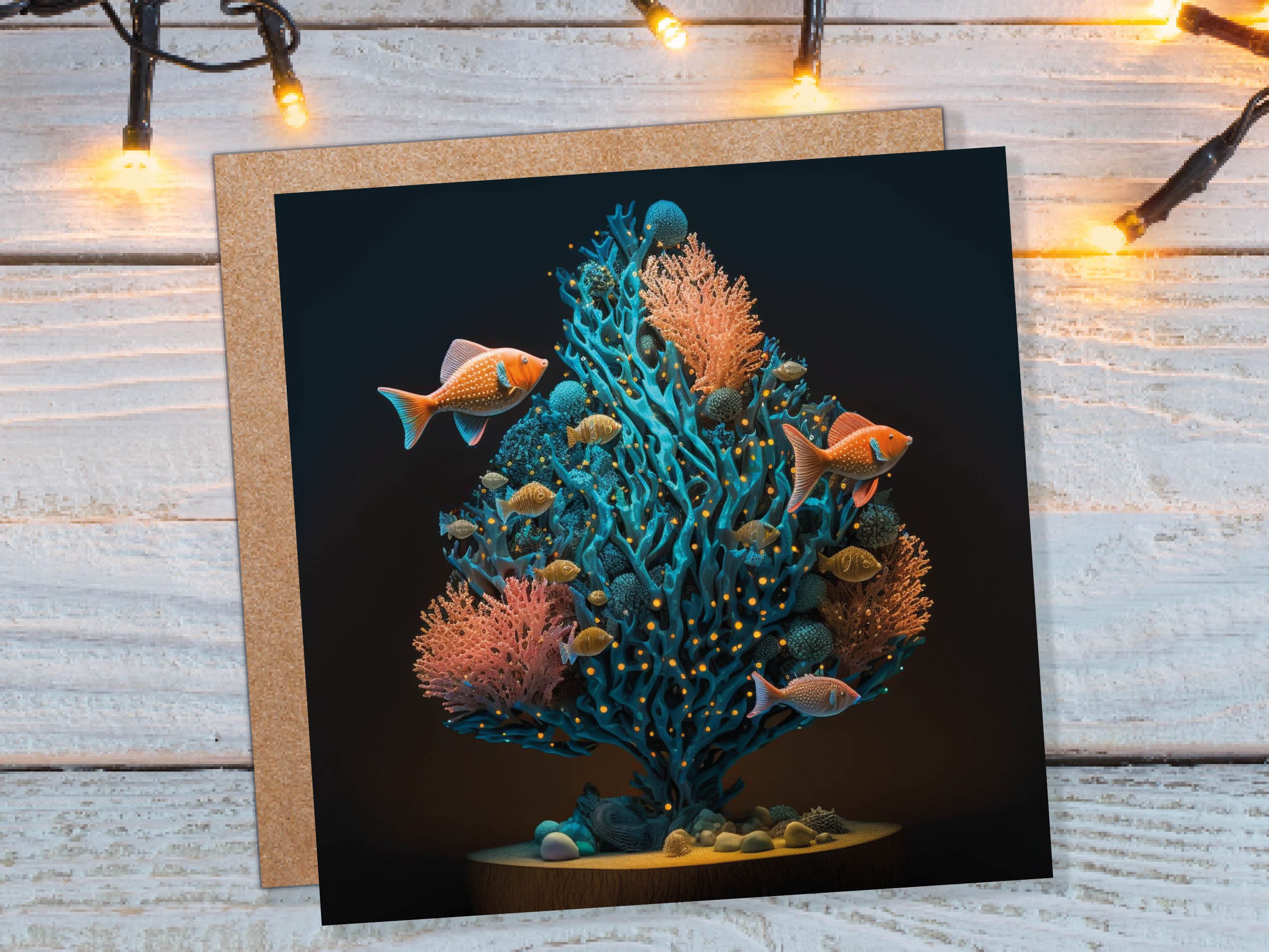 Coral Christmas Tree Card Underwater Ocean Scene Aqua Blue and Orange Sea Life Swim Fish Unique Greetings Cards For Family Friends Xmas 2024