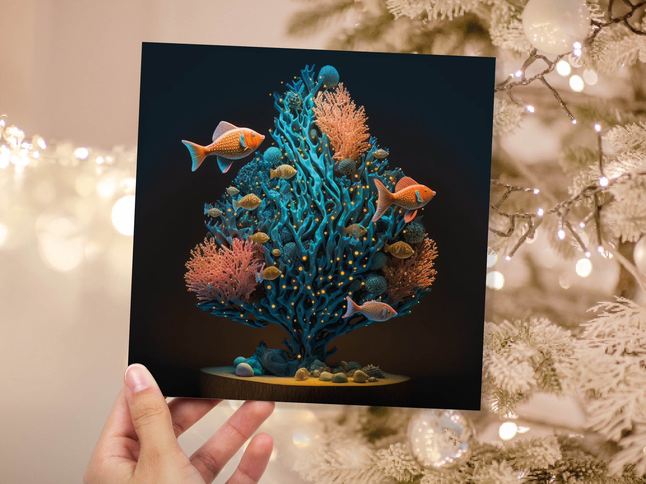 Coral Christmas Tree Card Underwater Ocean Scene Aqua Blue and Orange Sea Life Swim Fish Unique Greetings Cards For Family Friends Xmas 2024 - View 2