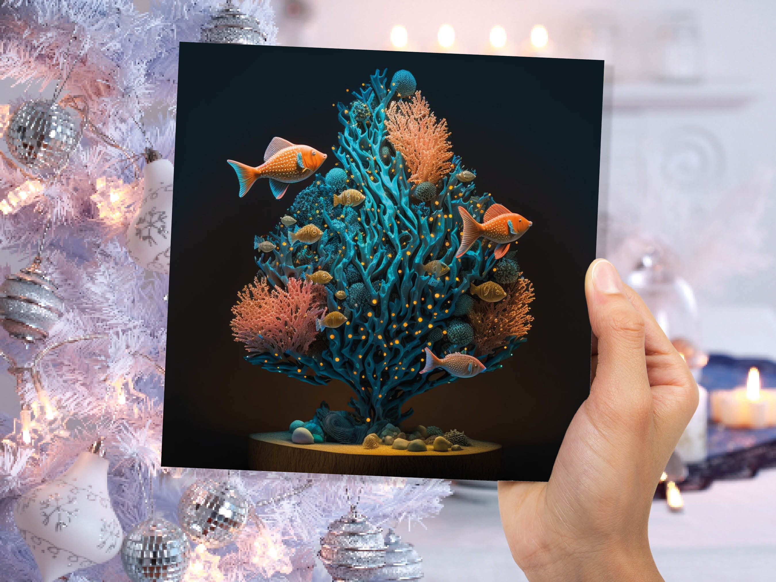 Coral Christmas Tree Card Underwater Ocean Scene Aqua Blue and Orange Sea Life Swim Fish Unique Greetings Cards For Family Friends Xmas 2024 - View 3