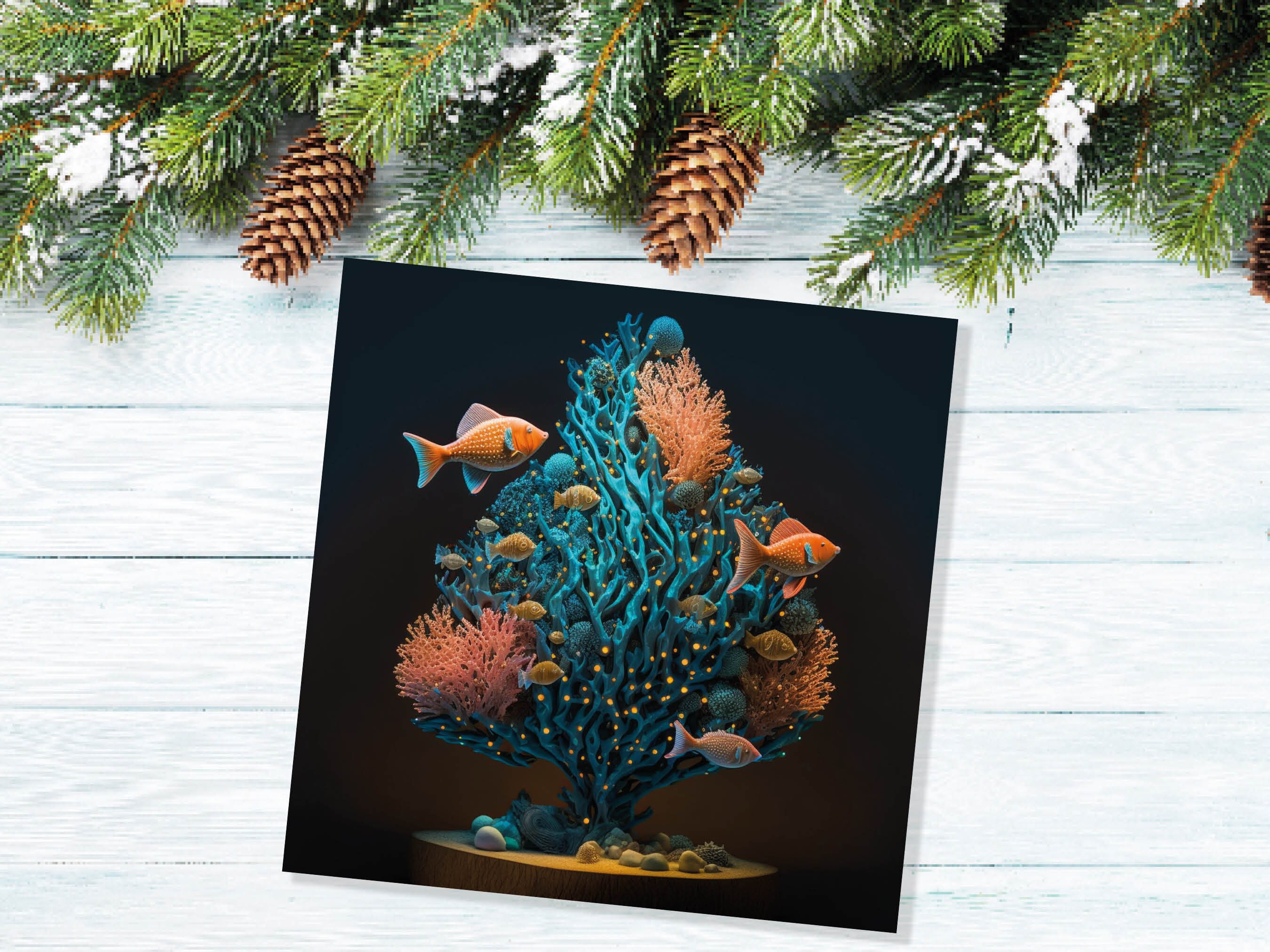 Coral Christmas Tree Card Underwater Ocean Scene Aqua Blue and Orange Sea Life Swim Fish Unique Greetings Cards For Family Friends Xmas 2024 - View 4