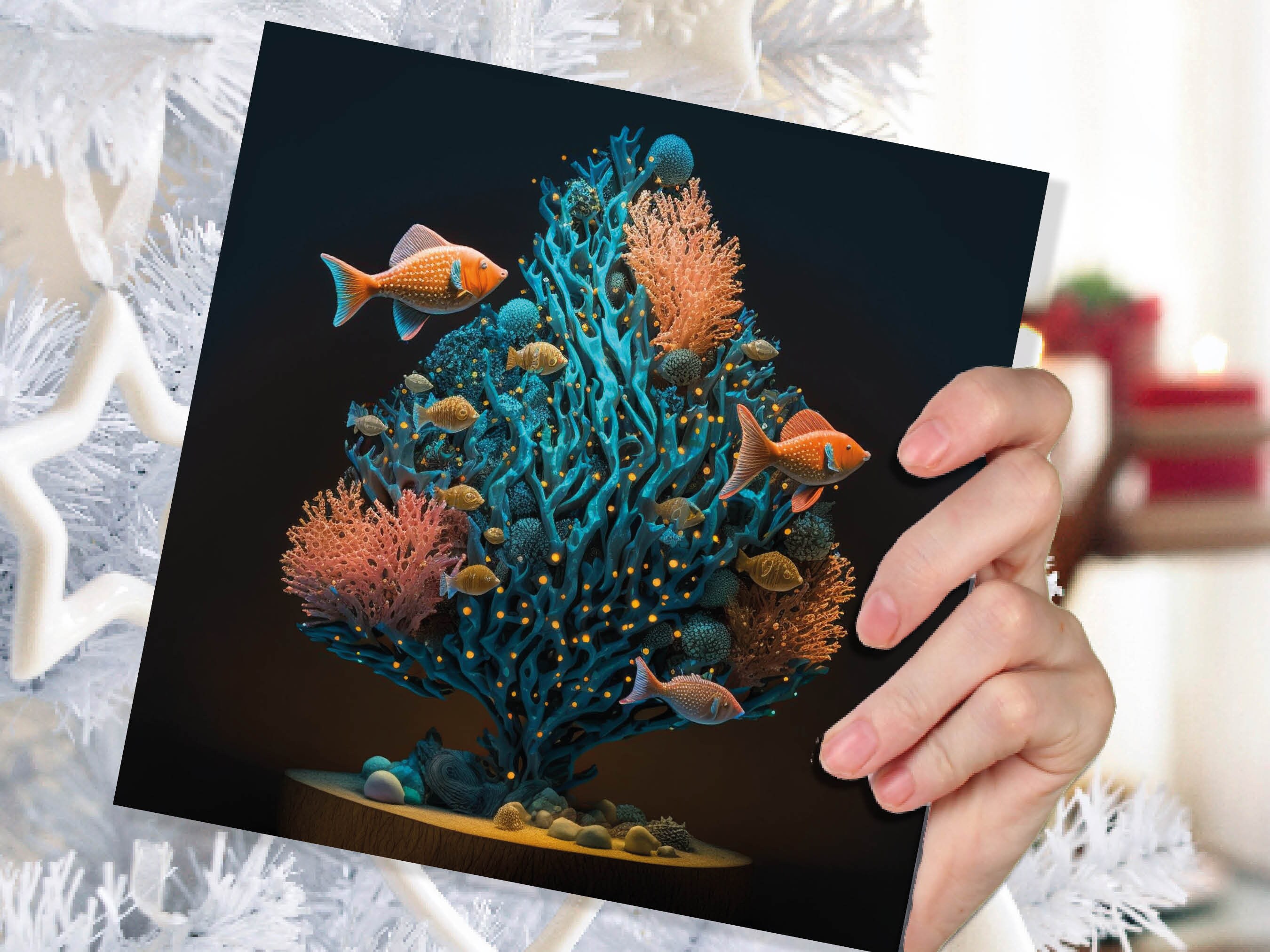 Coral Christmas Tree Card Underwater Ocean Scene Aqua Blue and Orange Sea Life Swim Fish Unique Greetings Cards For Family Friends Xmas 2024 - View 6