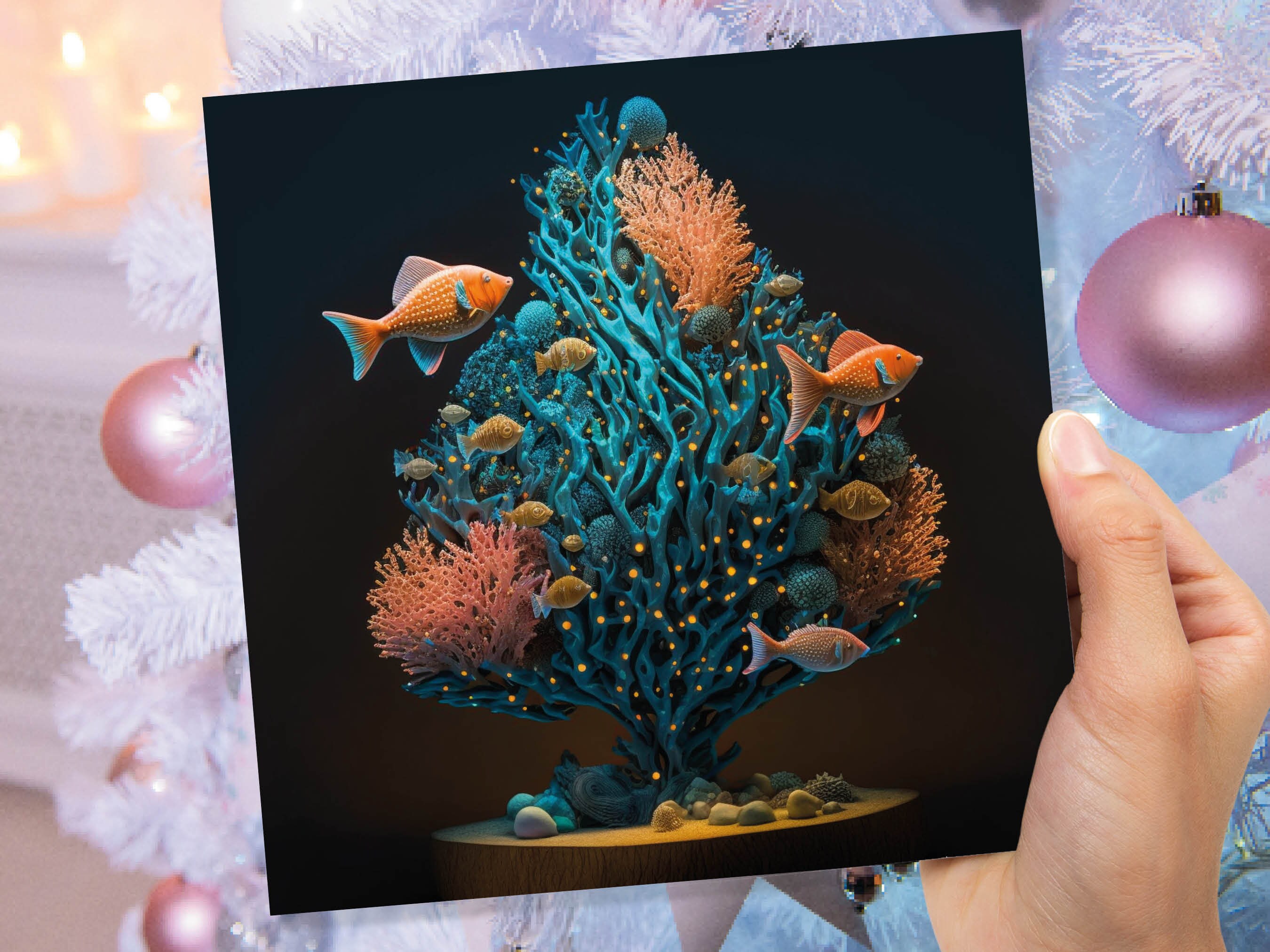 Coral Christmas Tree Card Underwater Ocean Scene Aqua Blue and Orange Sea Life Swim Fish Unique Greetings Cards For Family Friends Xmas 2024 - View 7