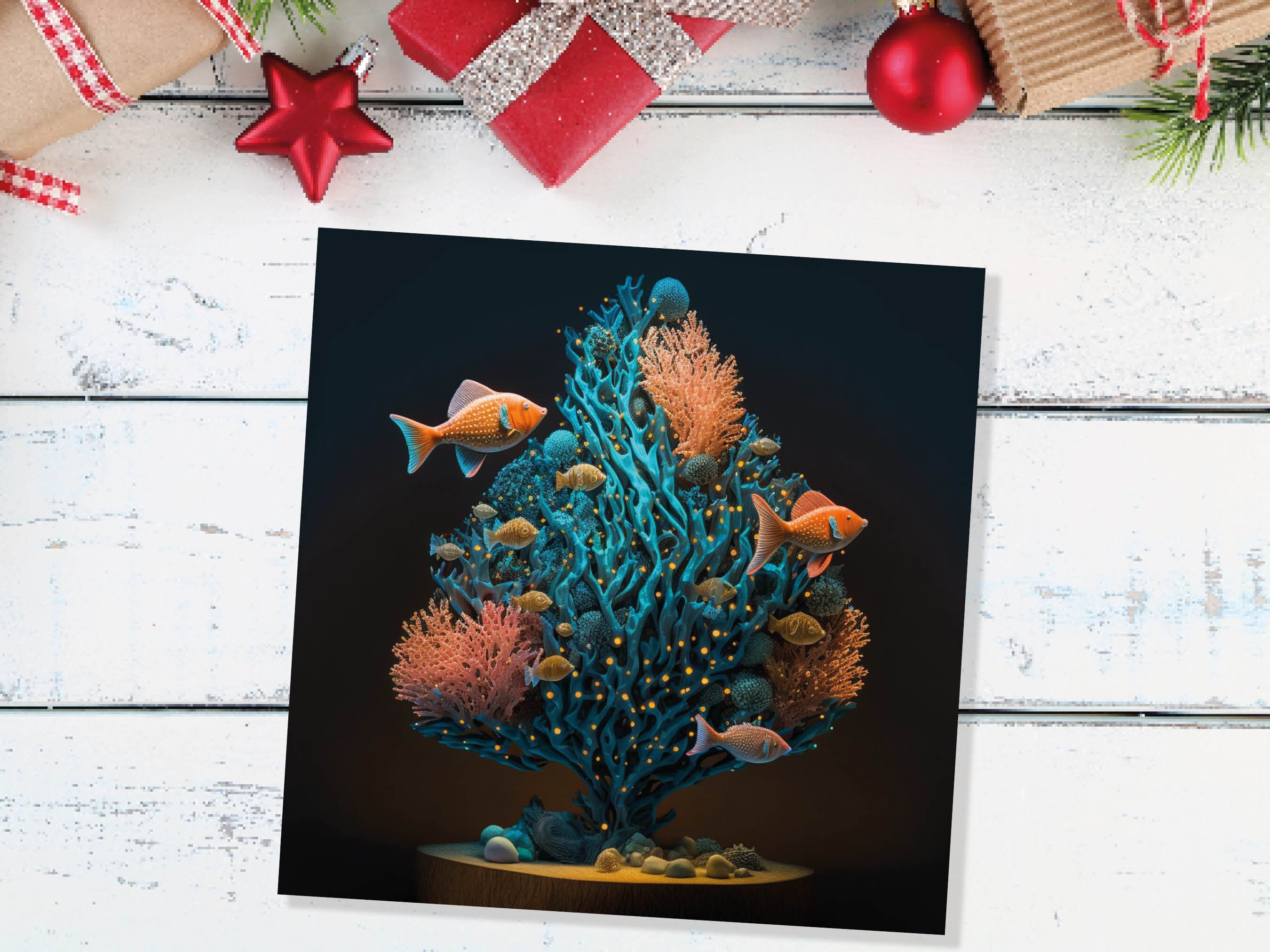 Coral Christmas Tree Card Underwater Ocean Scene Aqua Blue and Orange Sea Life Swim Fish Unique Greetings Cards For Family Friends Xmas 2024 - View 8