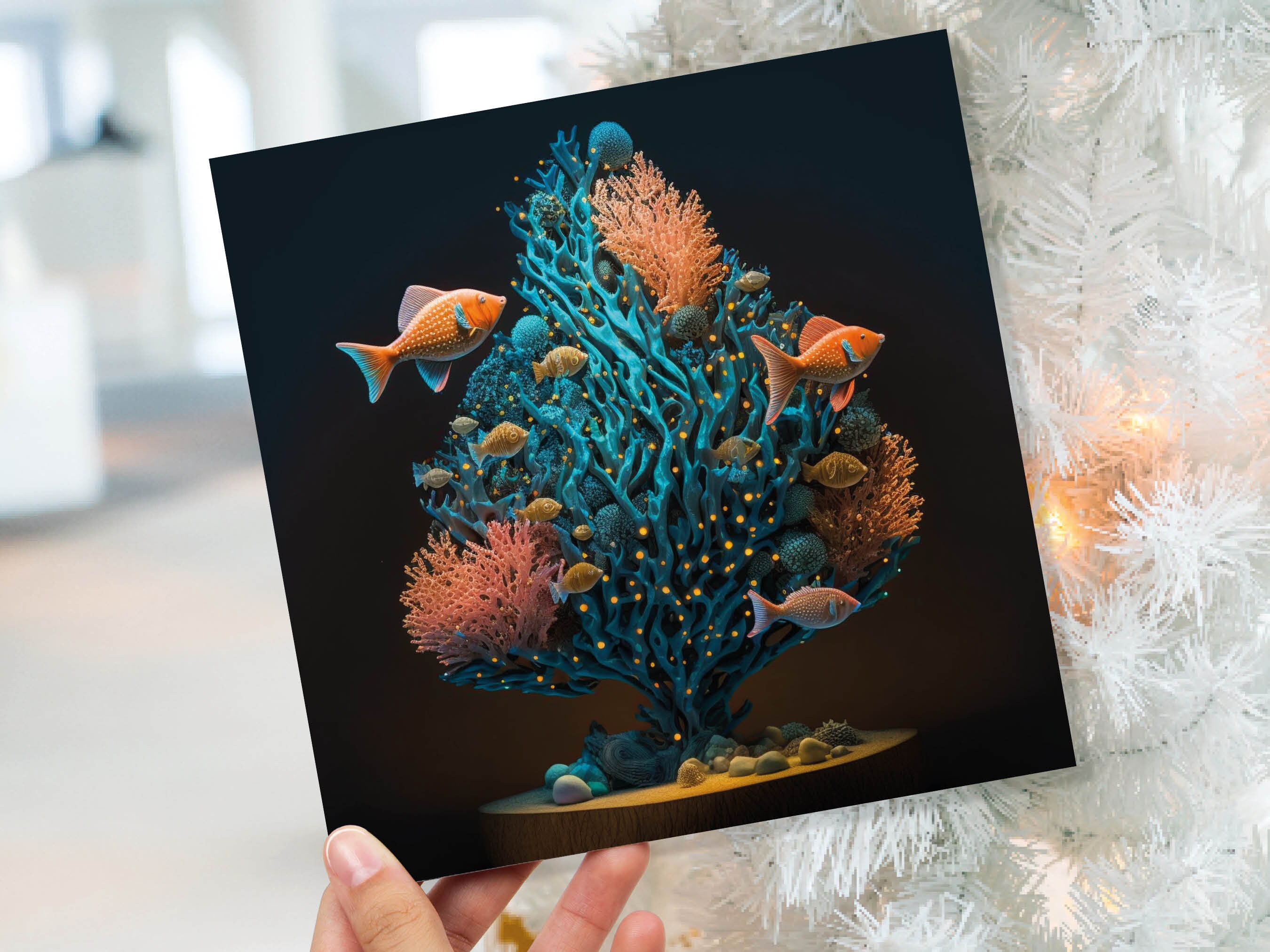 Coral Christmas Tree Card Underwater Ocean Scene Aqua Blue and Orange Sea Life Swim Fish Unique Greetings Cards For Family Friends Xmas 2024 - View 9