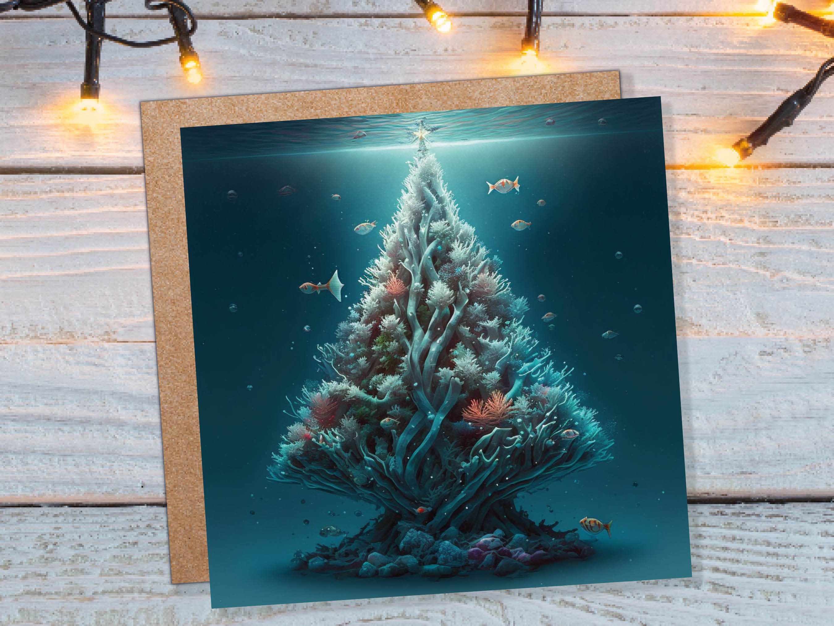 Underwater Coral Tree Card Ocean Marine Scene Blue Under the Sea Life Swimming Fish Unique Greetings Cards For Family Friend Xmas 2024 Diver