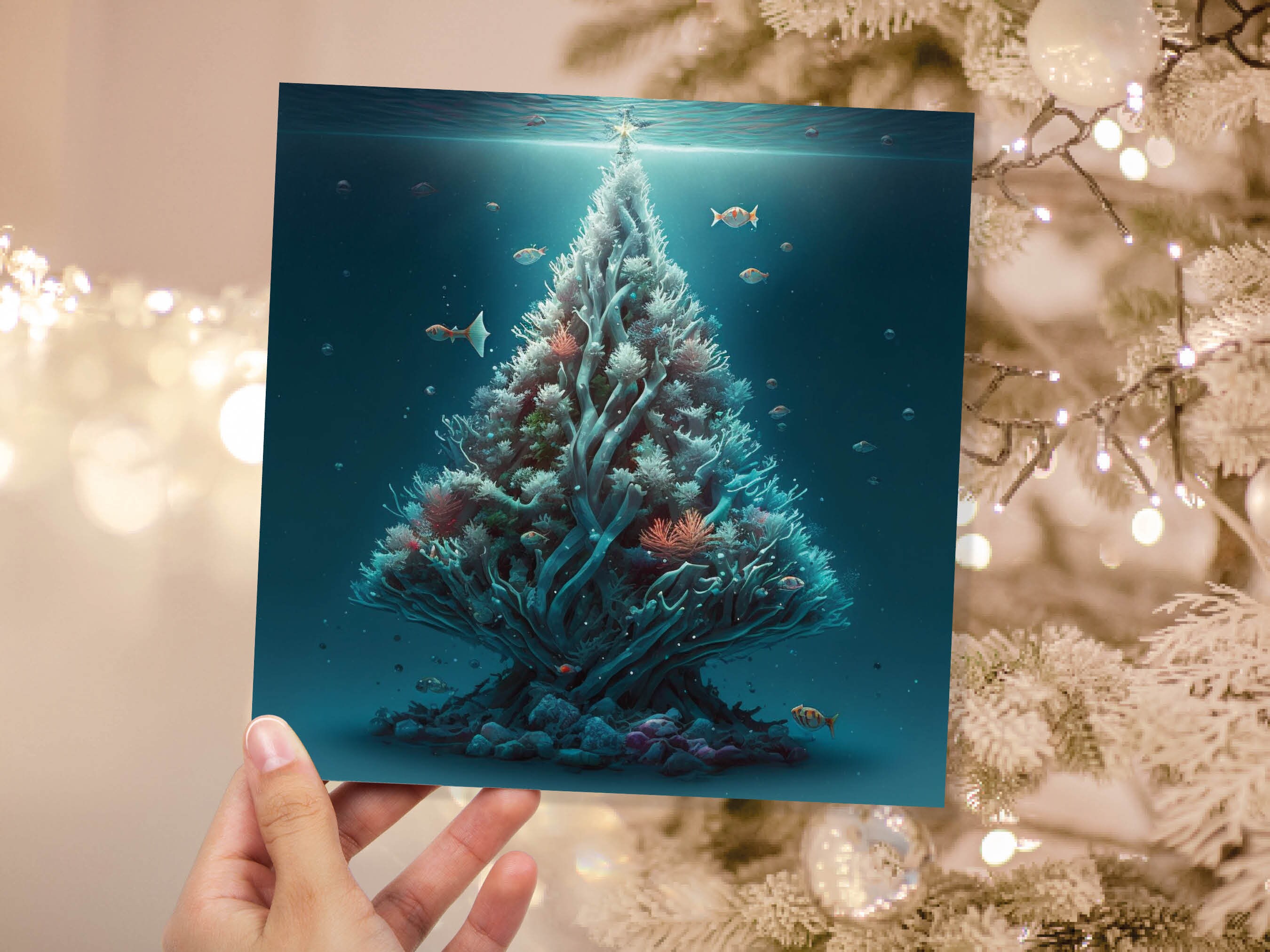 Underwater Coral Tree Card Ocean Marine Scene Blue Under the Sea Life Swimming Fish Unique Greetings Cards For Family Friend Xmas 2024 Diver - View 2