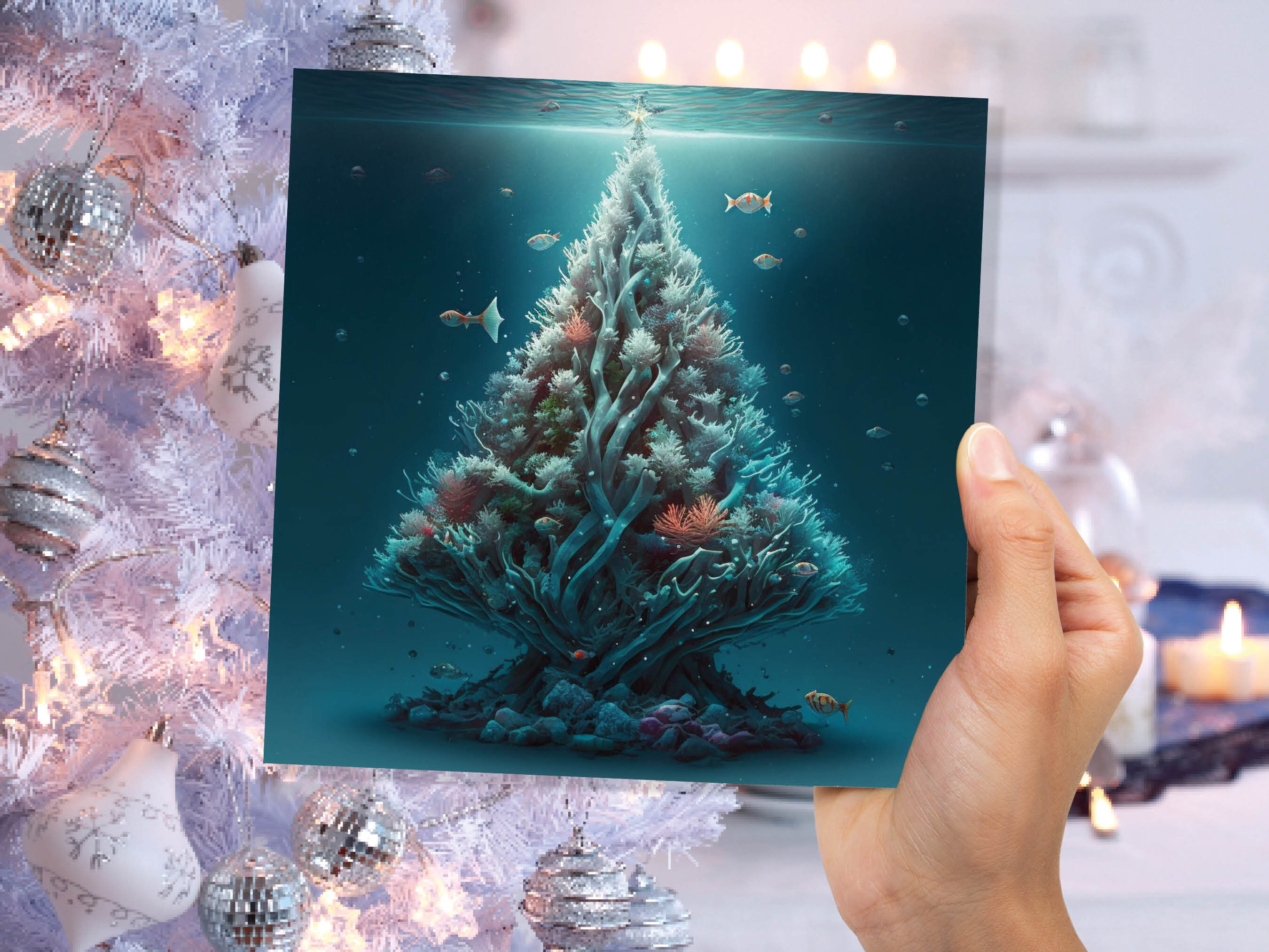 Underwater Coral Tree Card Ocean Marine Scene Blue Under the Sea Life Swimming Fish Unique Greetings Cards For Family Friend Xmas 2024 Diver - View 3