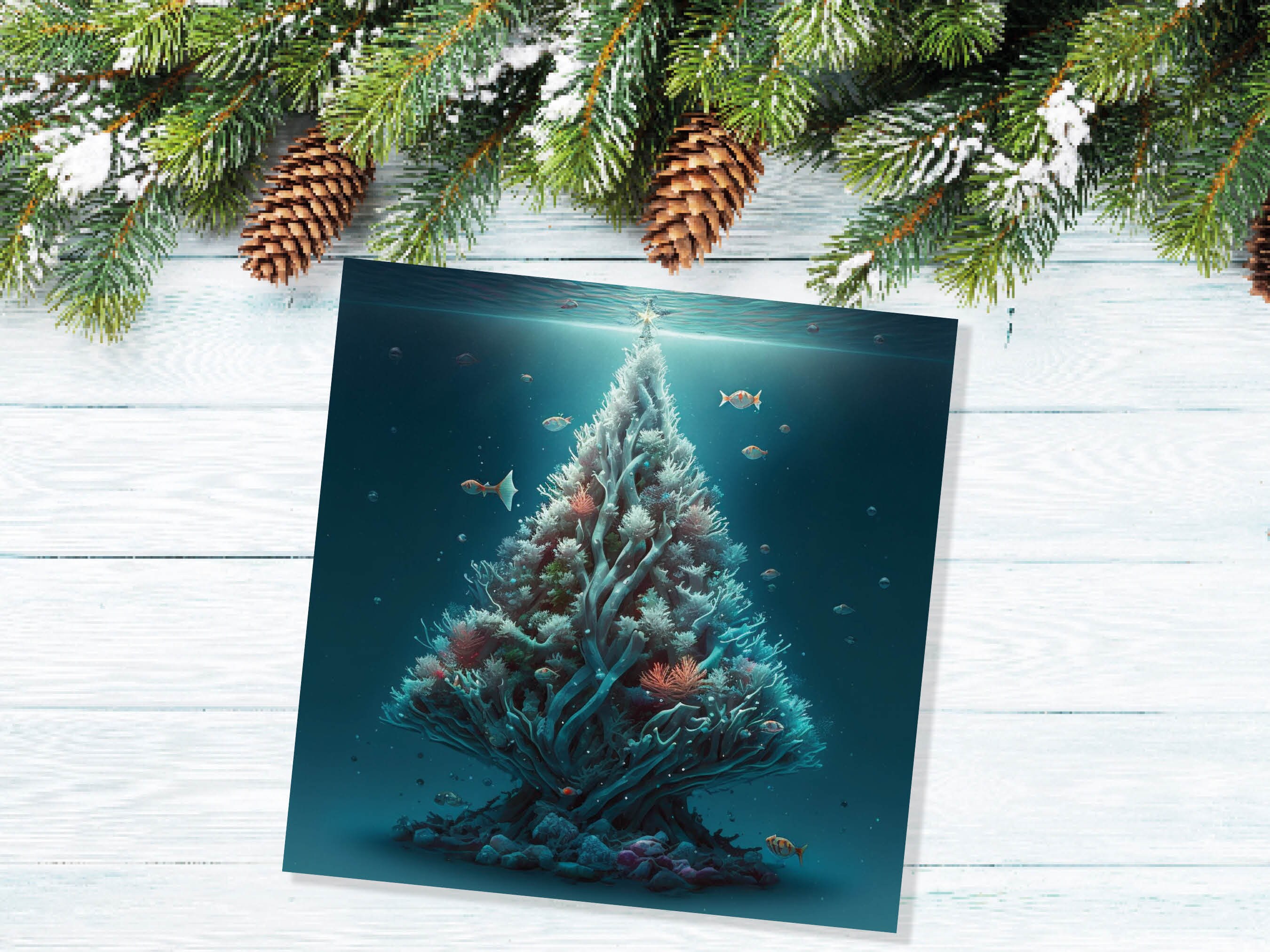 Underwater Coral Tree Card Ocean Marine Scene Blue Under the Sea Life Swimming Fish Unique Greetings Cards For Family Friend Xmas 2024 Diver - View 4