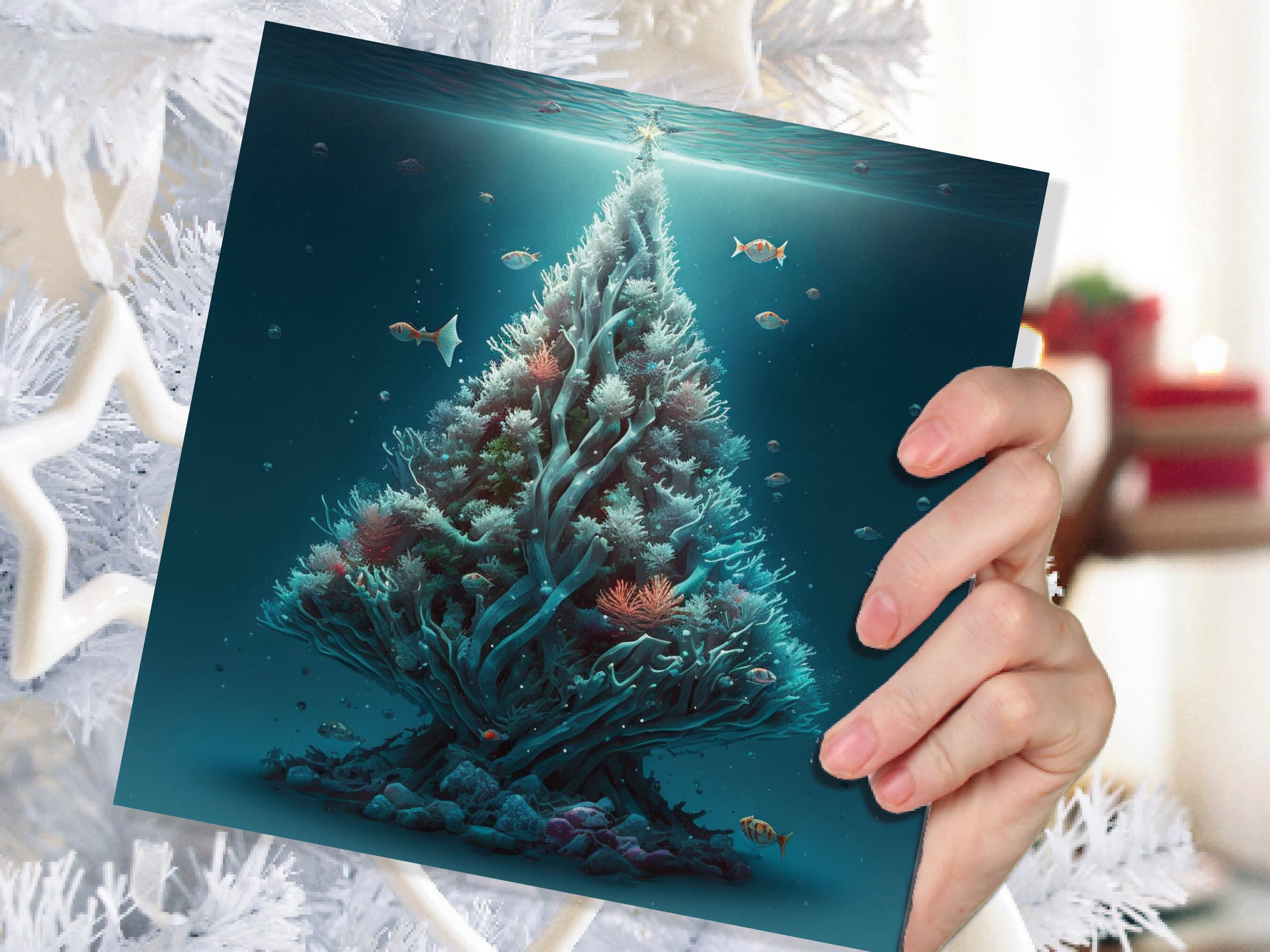 Underwater Coral Tree Card Ocean Marine Scene Blue Under the Sea Life Swimming Fish Unique Greetings Cards For Family Friend Xmas 2024 Diver - View 6