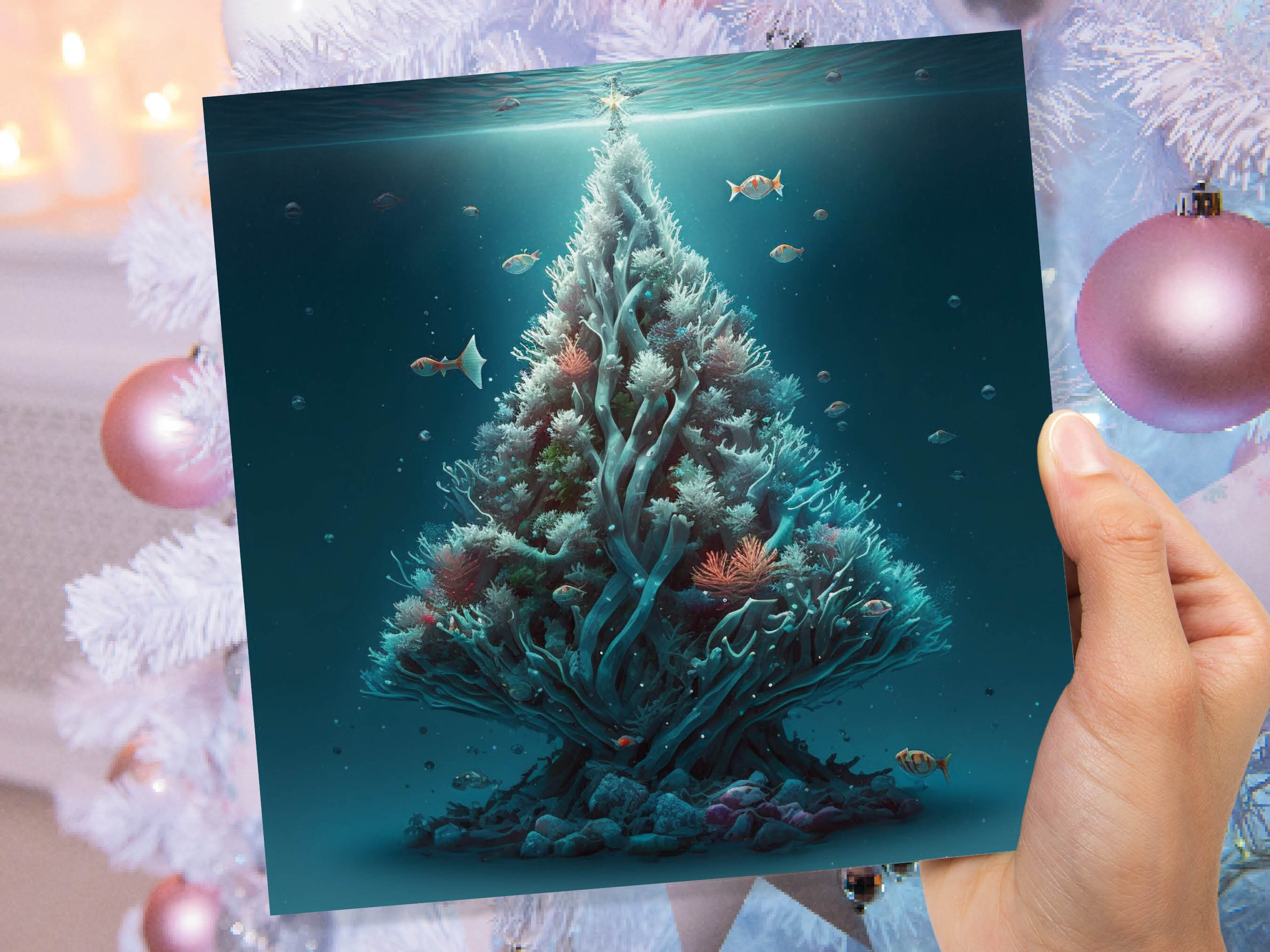 Underwater Coral Tree Card Ocean Marine Scene Blue Under the Sea Life Swimming Fish Unique Greetings Cards For Family Friend Xmas 2024 Diver - View 7