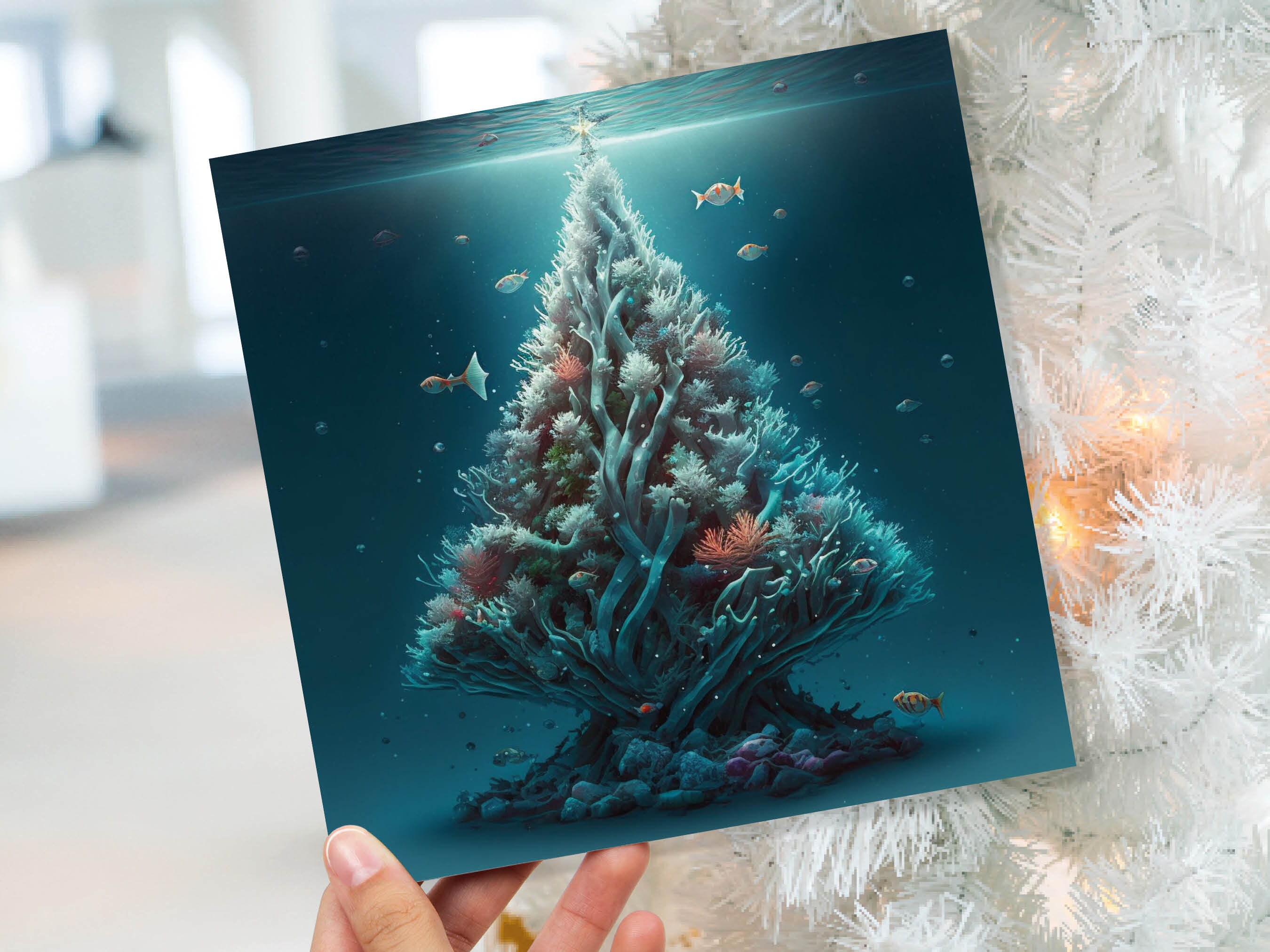 Underwater Coral Tree Card Ocean Marine Scene Blue Under the Sea Life Swimming Fish Unique Greetings Cards For Family Friend Xmas 2024 Diver - View 9