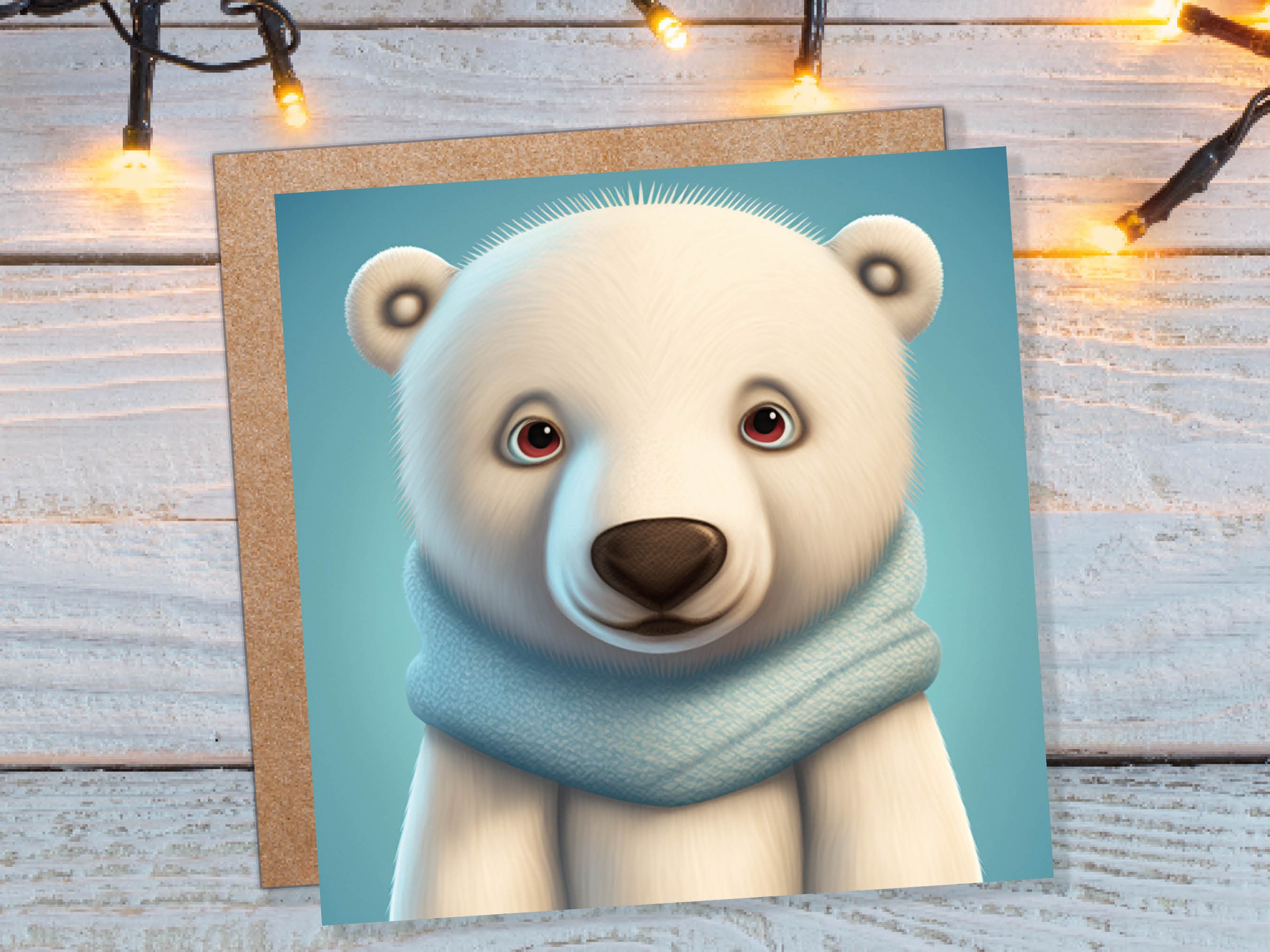 Polar Bear Card Cute Light Baby Blue and White Winter Cub Wearing Scarf Design Greetings Cards For Family Best Friends Xmas 2024 Thank You