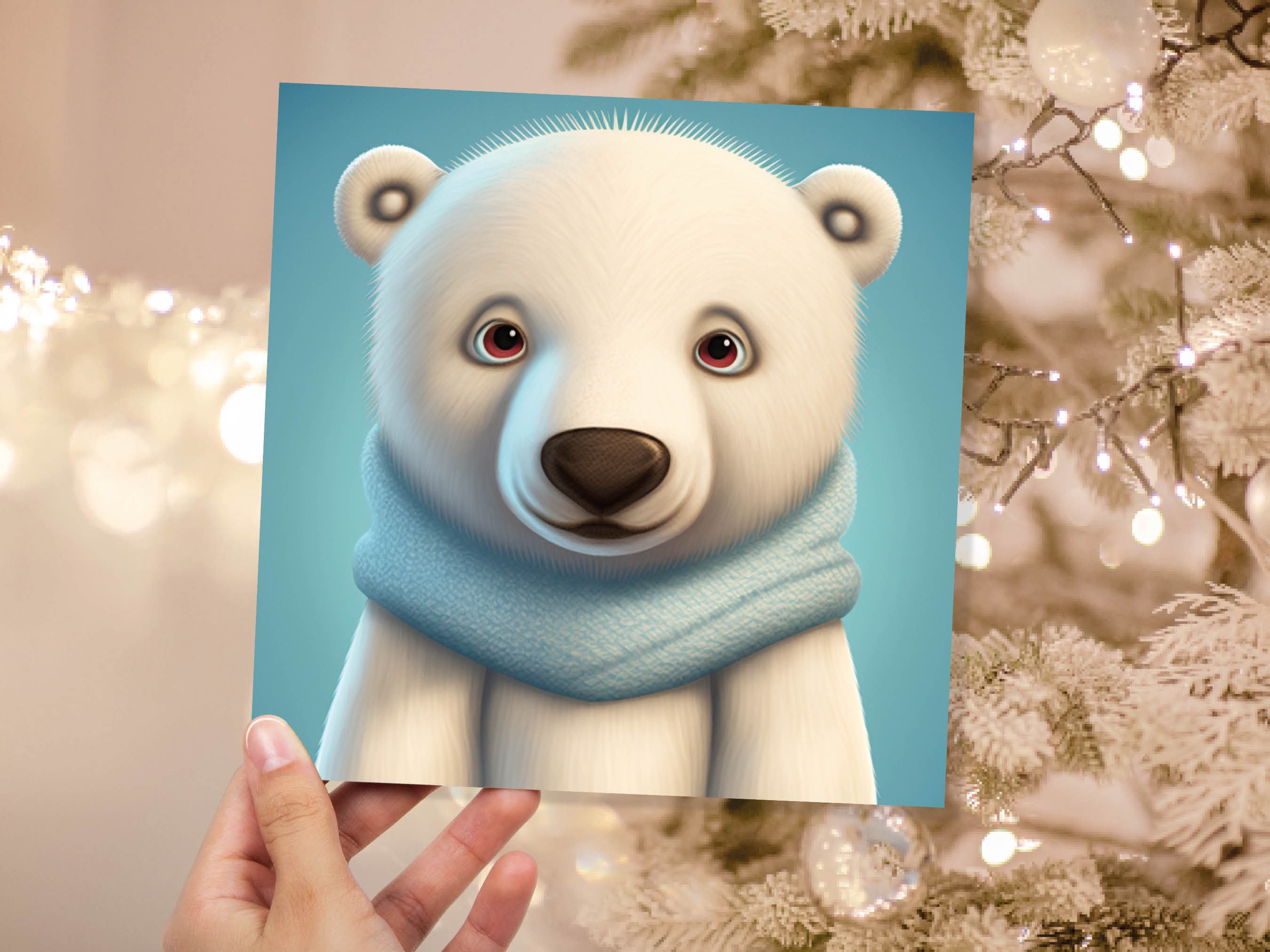 Polar Bear Card Cute Light Baby Blue and White Winter Cub Wearing Scarf Design Greetings Cards For Family Best Friends Xmas 2024 Thank You - View 2