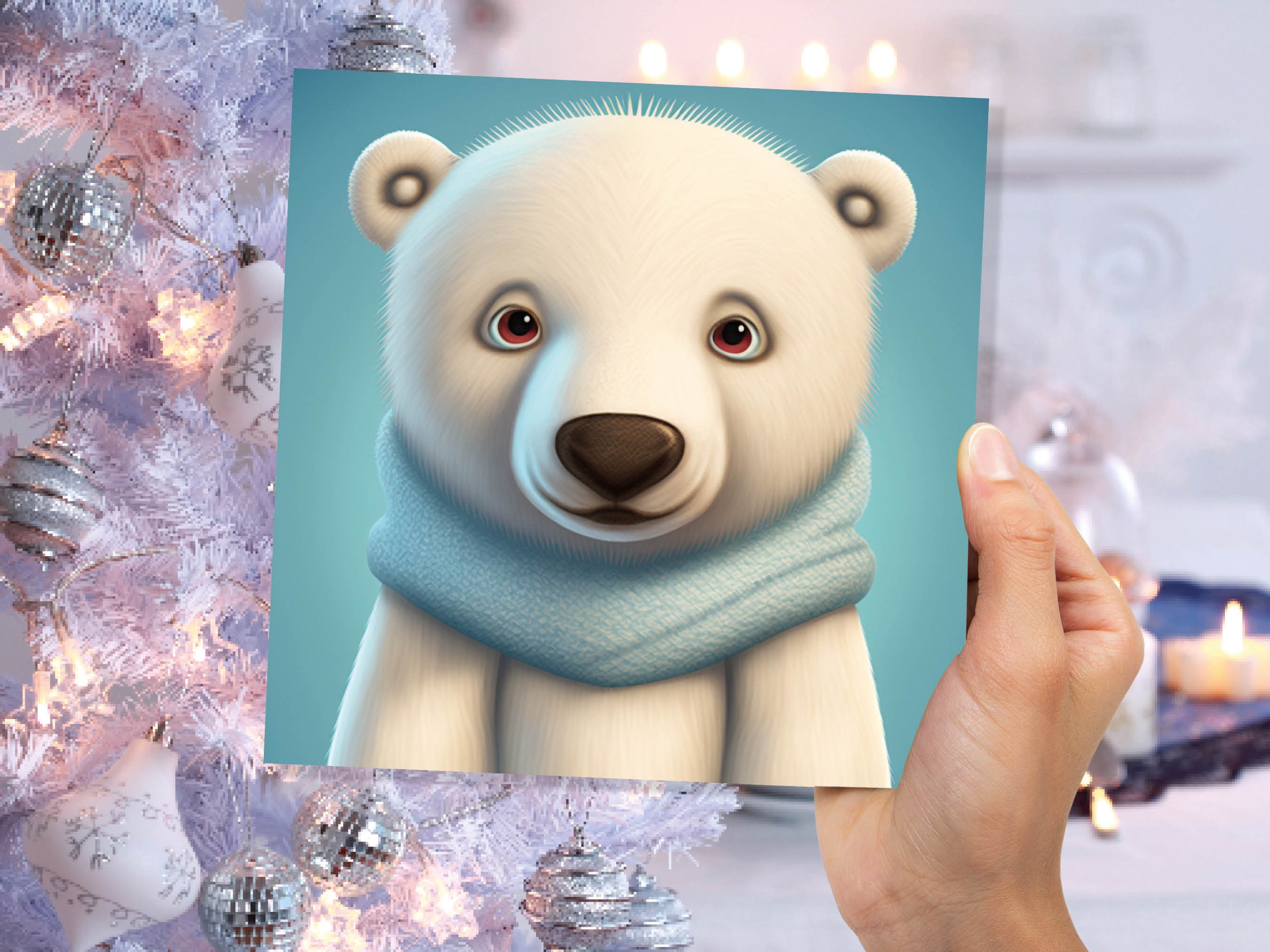 Polar Bear Card Cute Light Baby Blue and White Winter Cub Wearing Scarf Design Greetings Cards For Family Best Friends Xmas 2024 Thank You - View 3