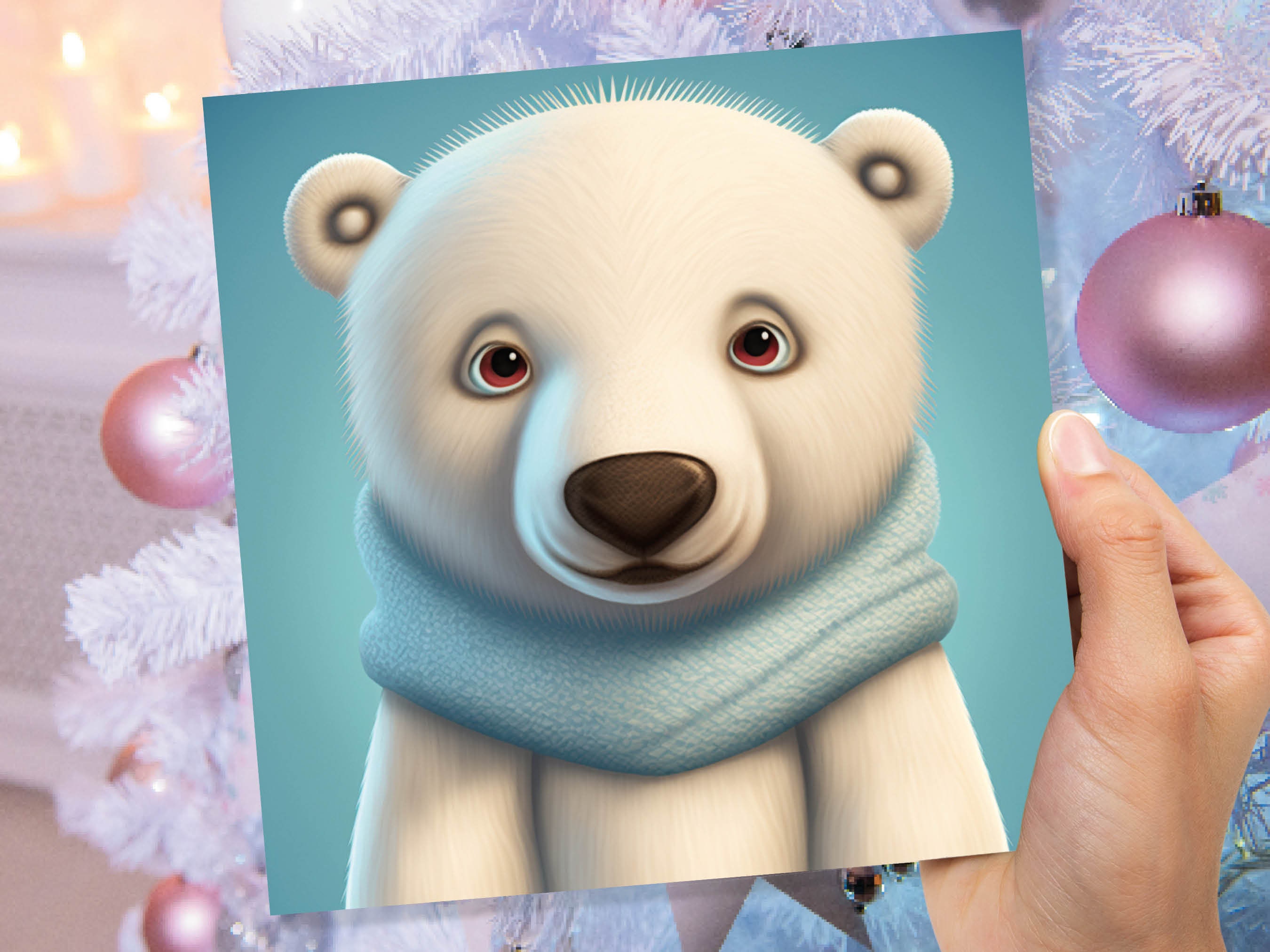 Polar Bear Card Cute Light Baby Blue and White Winter Cub Wearing Scarf Design Greetings Cards For Family Best Friends Xmas 2024 Thank You - View 7