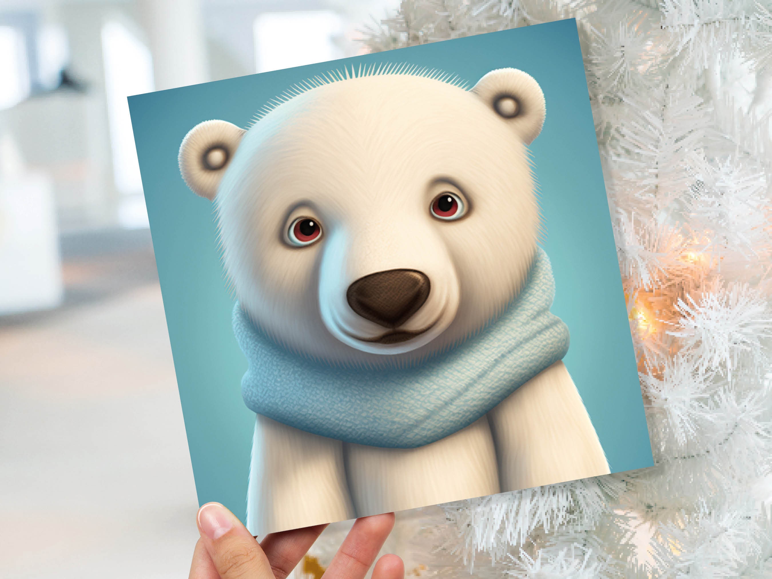 Polar Bear Card Cute Light Baby Blue and White Winter Cub Wearing Scarf Design Greetings Cards For Family Best Friends Xmas 2024 Thank You - View 9