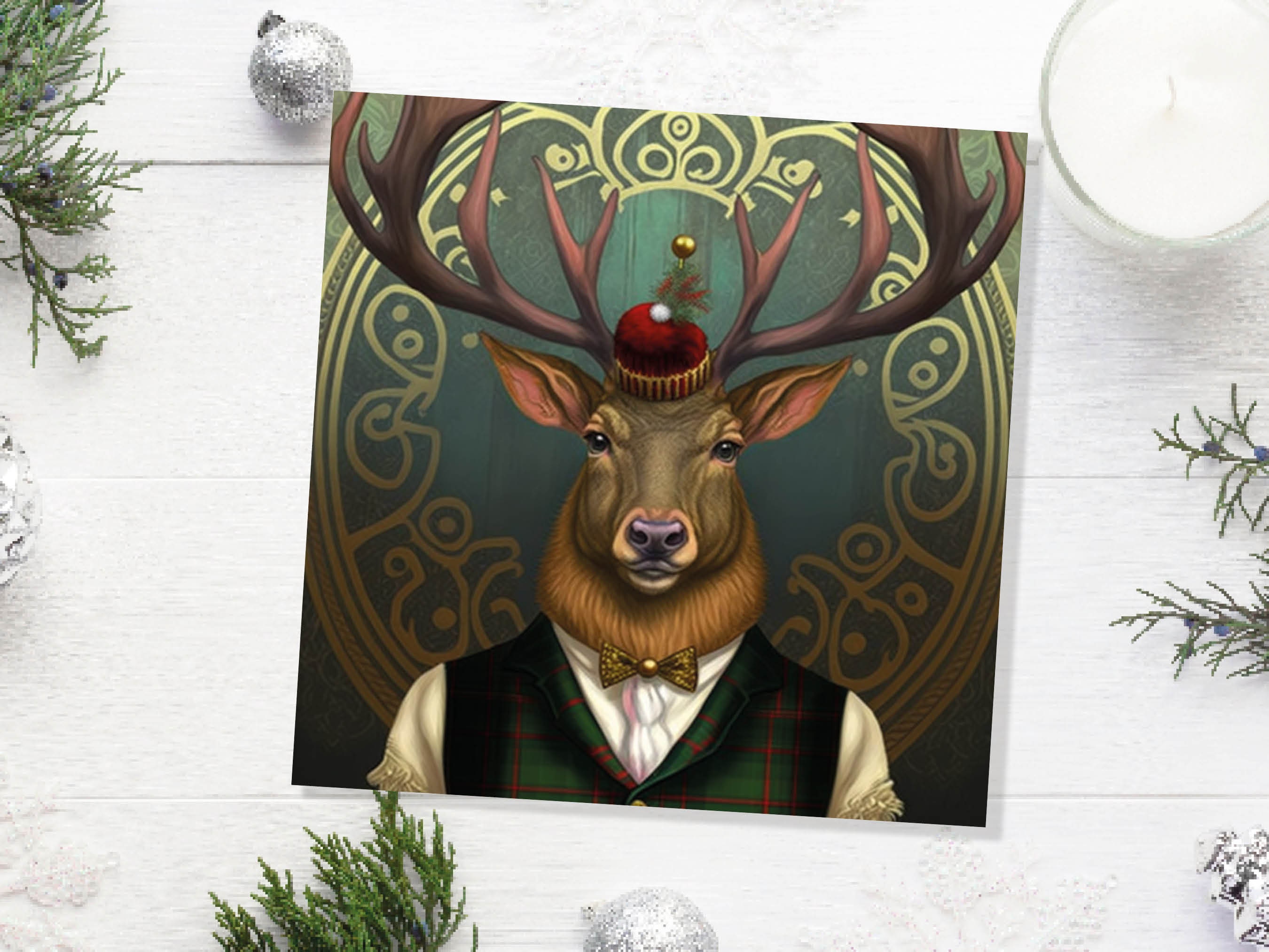 Dapper Deer Card Wearing Suit with Tartan Scottish Hat Tam o’ Shanter Scotland Greetings Cards For Family Best Friends Xmas 2024 Thank You