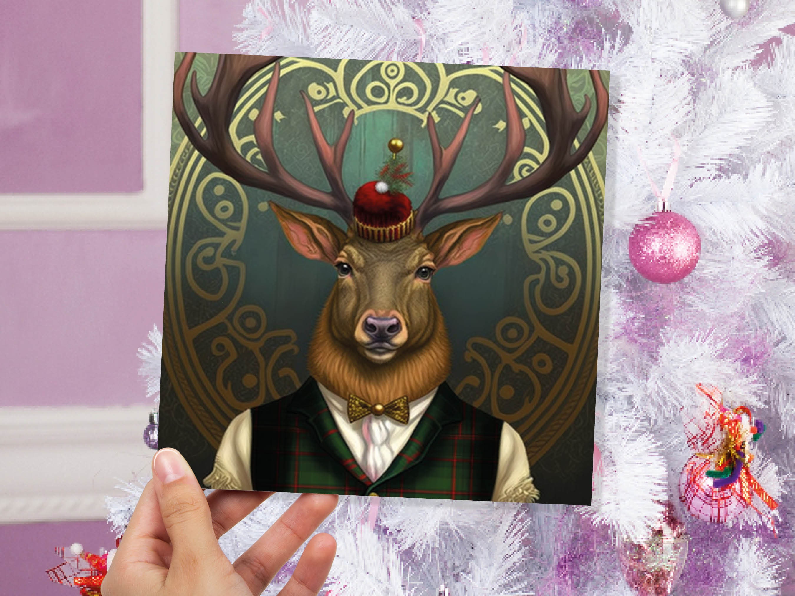 Dapper Deer Card Wearing Suit with Tartan Scottish Hat Tam o’ Shanter Scotland Greetings Cards For Family Best Friends Xmas 2024 Thank You - View 4