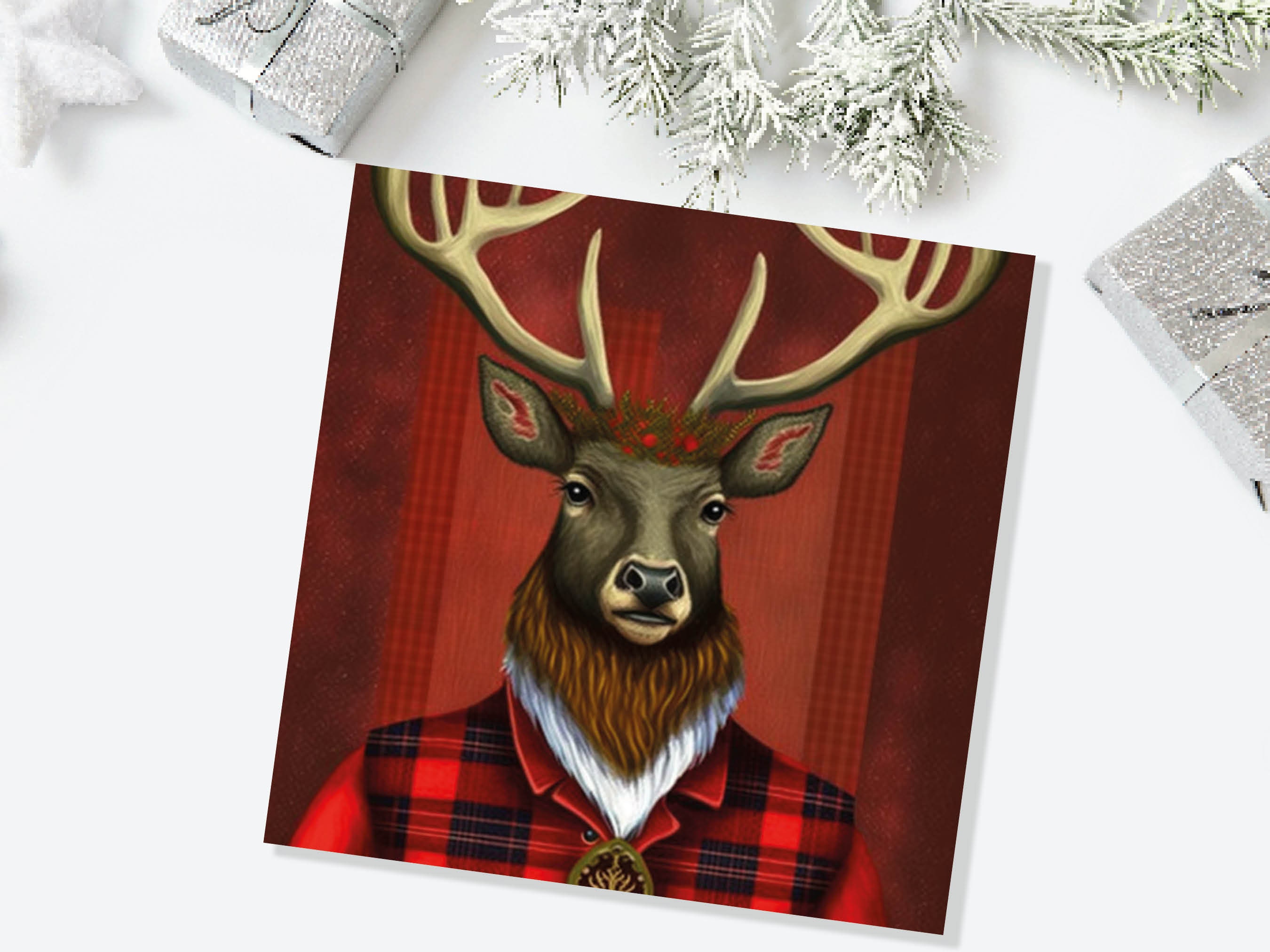 Red Dapper Deer Card Wearing Tartan Coat Festive Scottish Reindeer Hat Scotland Greetings Cards For Family Best Friends Xmas 2024 Thank You