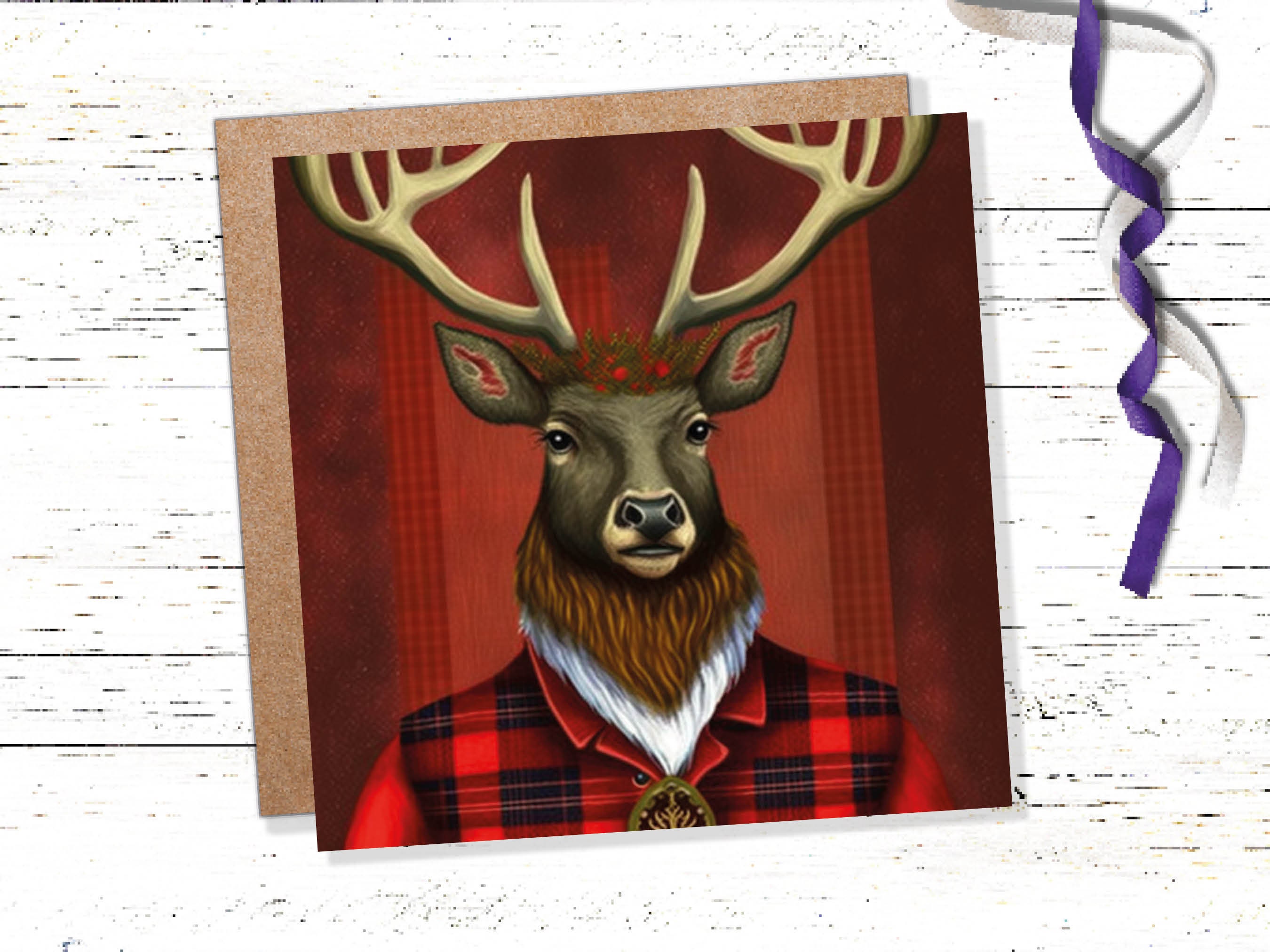 Red Dapper Deer Card Wearing Tartan Coat Festive Scottish Reindeer Hat Scotland Greetings Cards For Family Best Friends Xmas 2024 Thank You - View 2