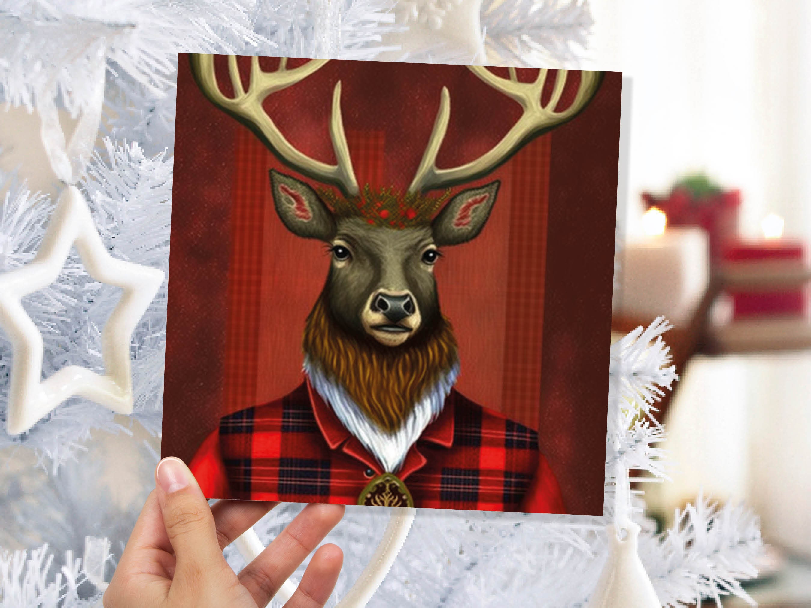 Red Dapper Deer Card Wearing Tartan Coat Festive Scottish Reindeer Hat Scotland Greetings Cards For Family Best Friends Xmas 2024 Thank You - View 3