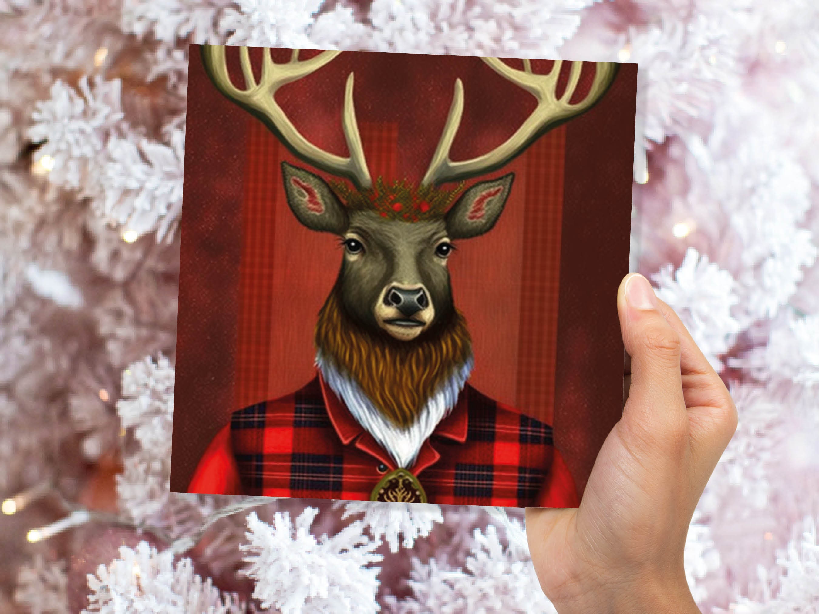 Red Dapper Deer Card Wearing Tartan Coat Festive Scottish Reindeer Hat Scotland Greetings Cards For Family Best Friends Xmas 2024 Thank You - View 4