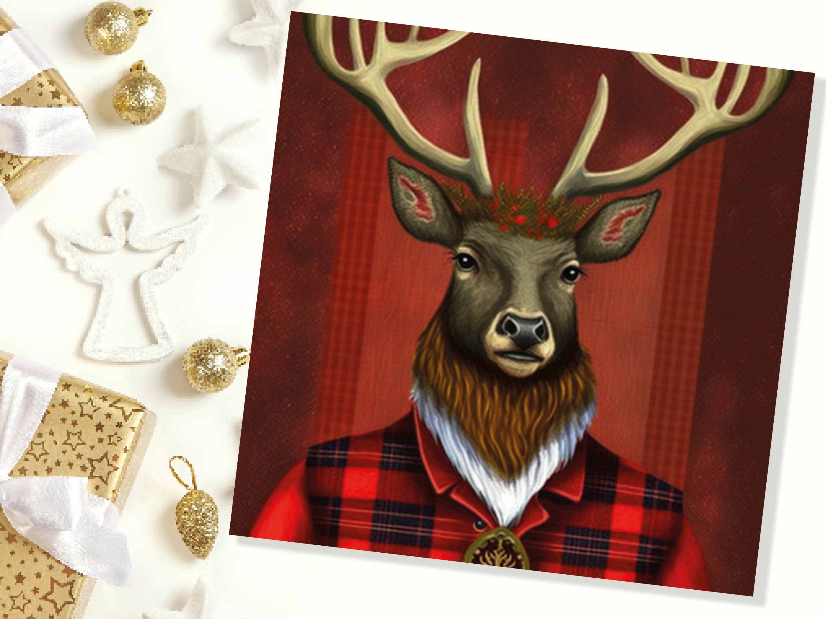 Red Dapper Deer Card Wearing Tartan Coat Festive Scottish Reindeer Hat Scotland Greetings Cards For Family Best Friends Xmas 2024 Thank You - View 5