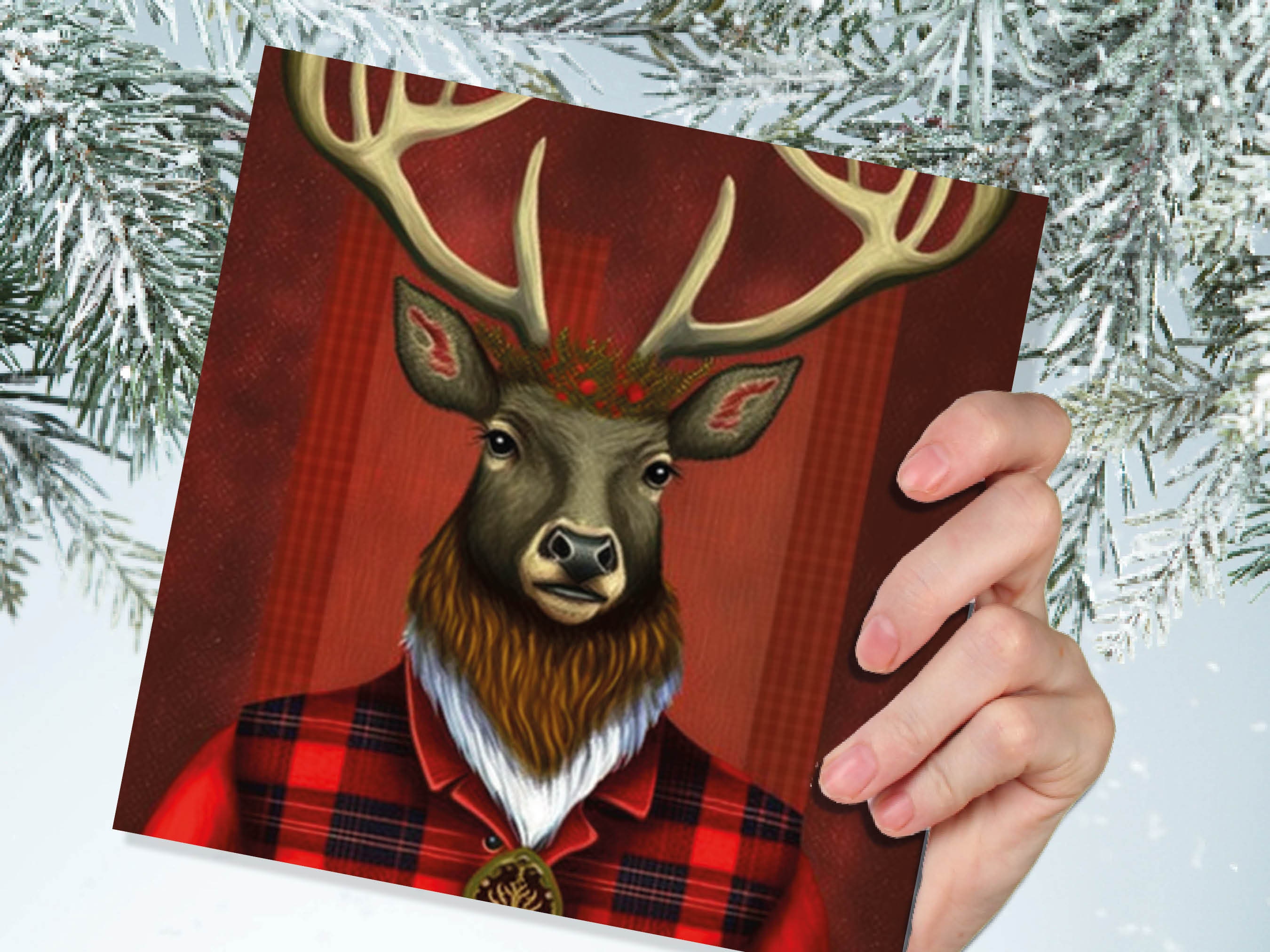 Red Dapper Deer Card Wearing Tartan Coat Festive Scottish Reindeer Hat Scotland Greetings Cards For Family Best Friends Xmas 2024 Thank You - View 6