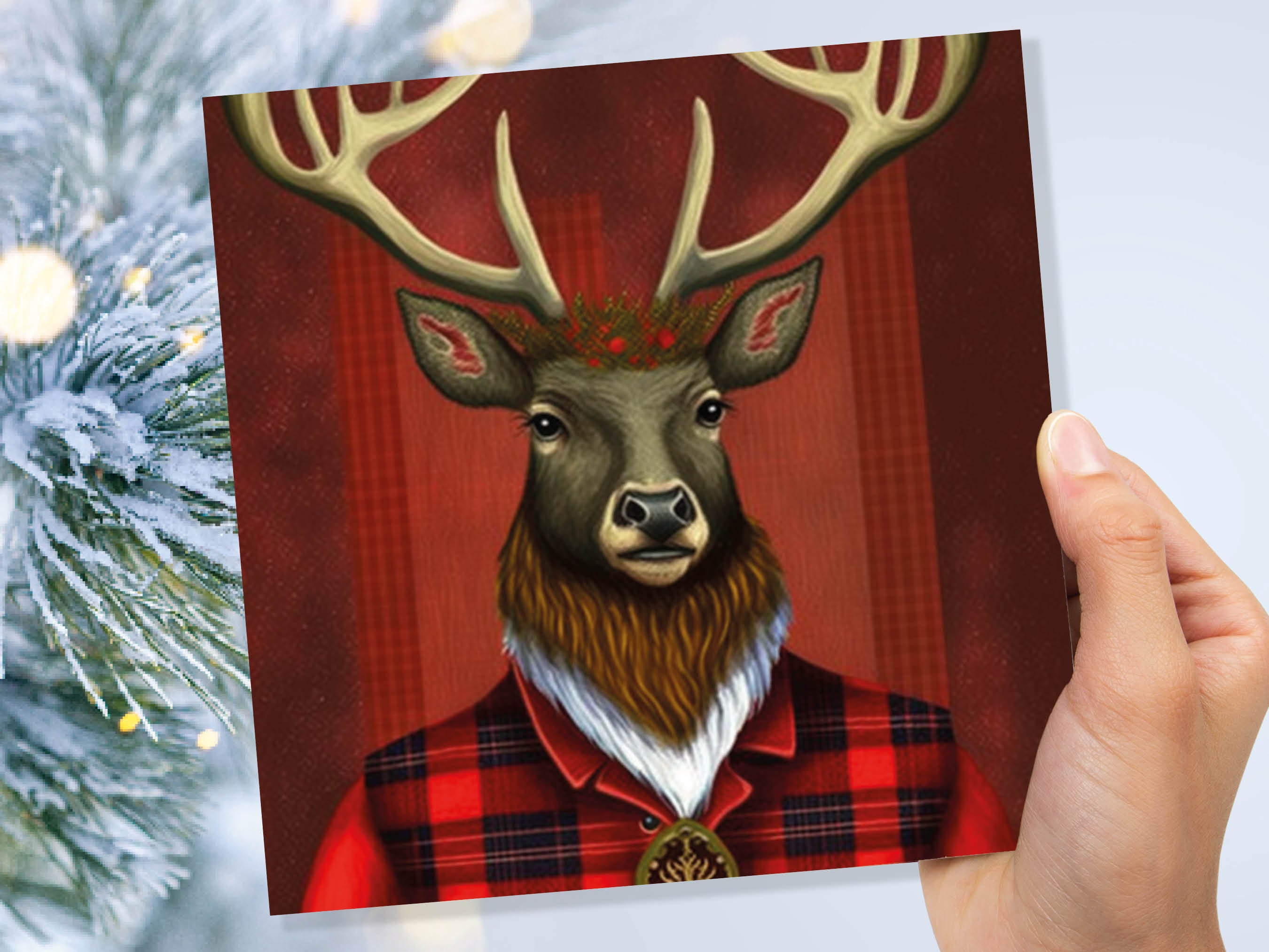 Red Dapper Deer Card Wearing Tartan Coat Festive Scottish Reindeer Hat Scotland Greetings Cards For Family Best Friends Xmas 2024 Thank You - View 7