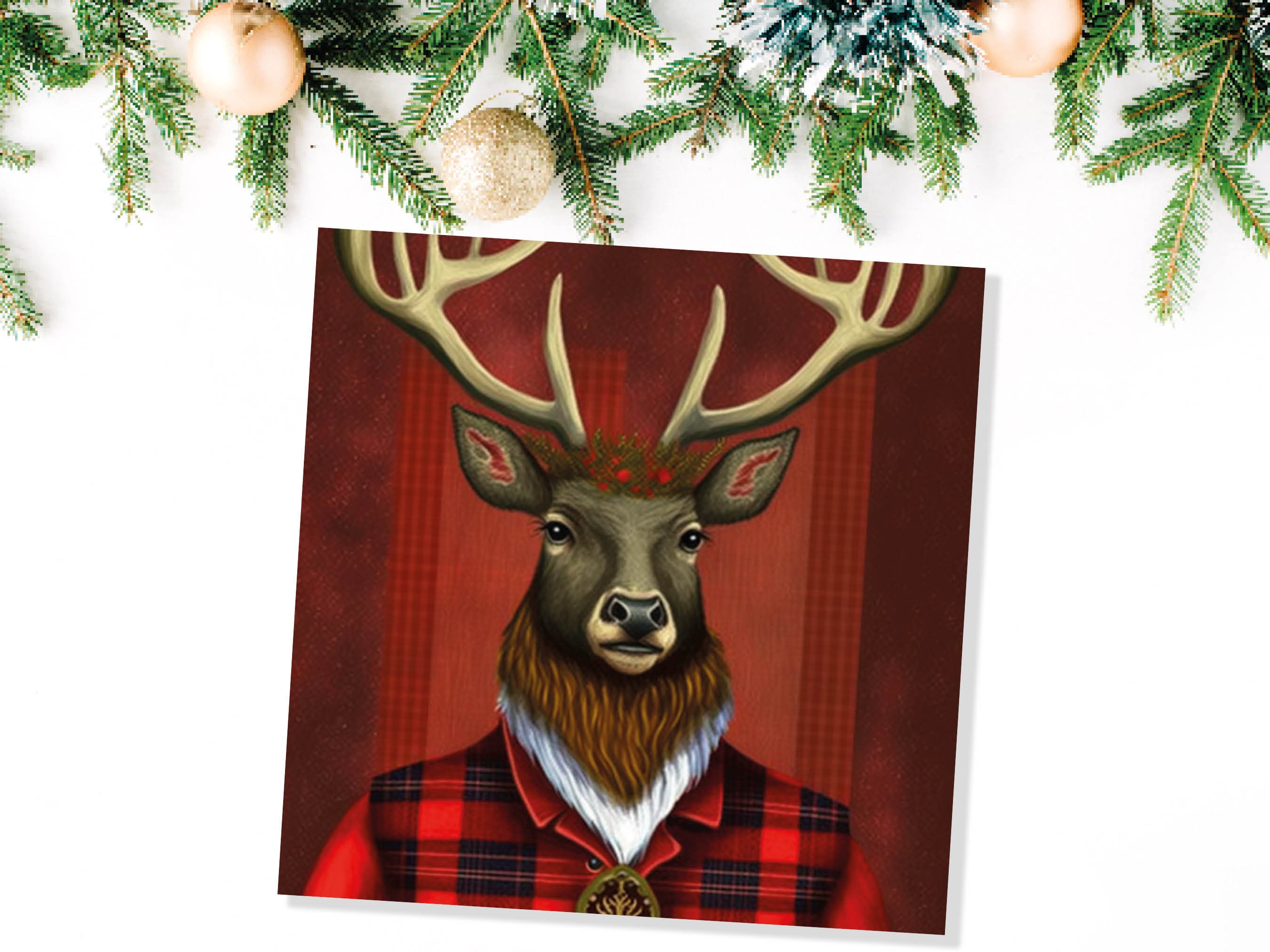 Red Dapper Deer Card Wearing Tartan Coat Festive Scottish Reindeer Hat Scotland Greetings Cards For Family Best Friends Xmas 2024 Thank You - View 8