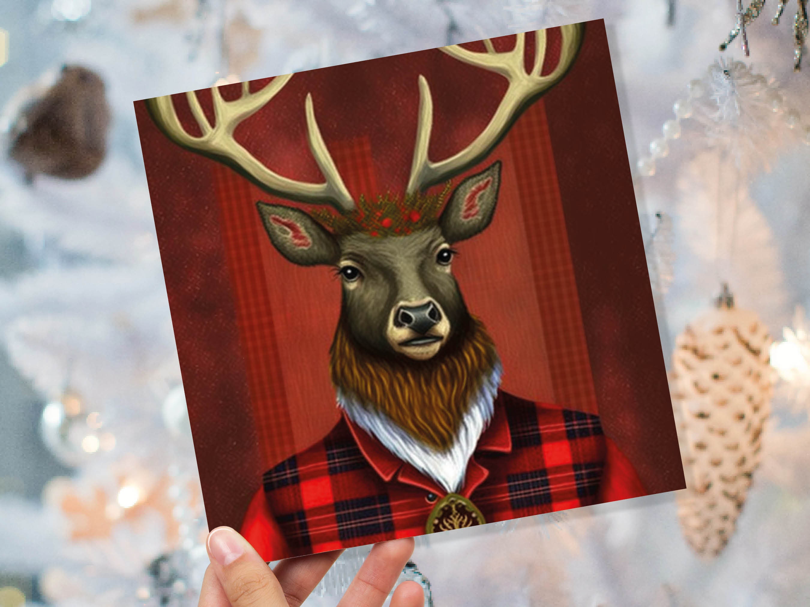 Red Dapper Deer Card Wearing Tartan Coat Festive Scottish Reindeer Hat Scotland Greetings Cards For Family Best Friends Xmas 2024 Thank You - View 9