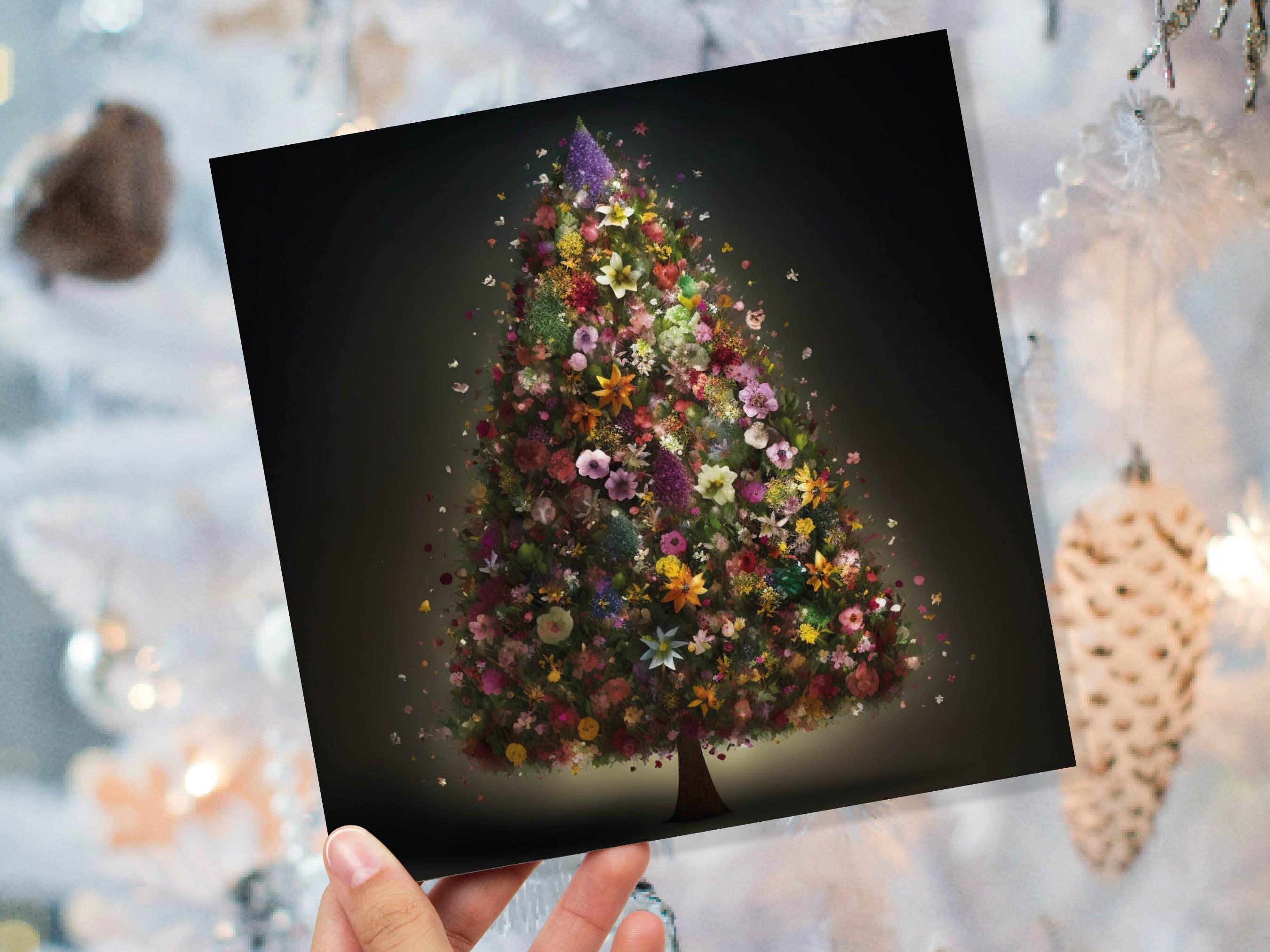 Floral Christmas Card Pink Flowers Tree Bouquet Arrangement for Florists and Gardeners Greetings Cards For Family Best Friends Xmas 2024 - View 9