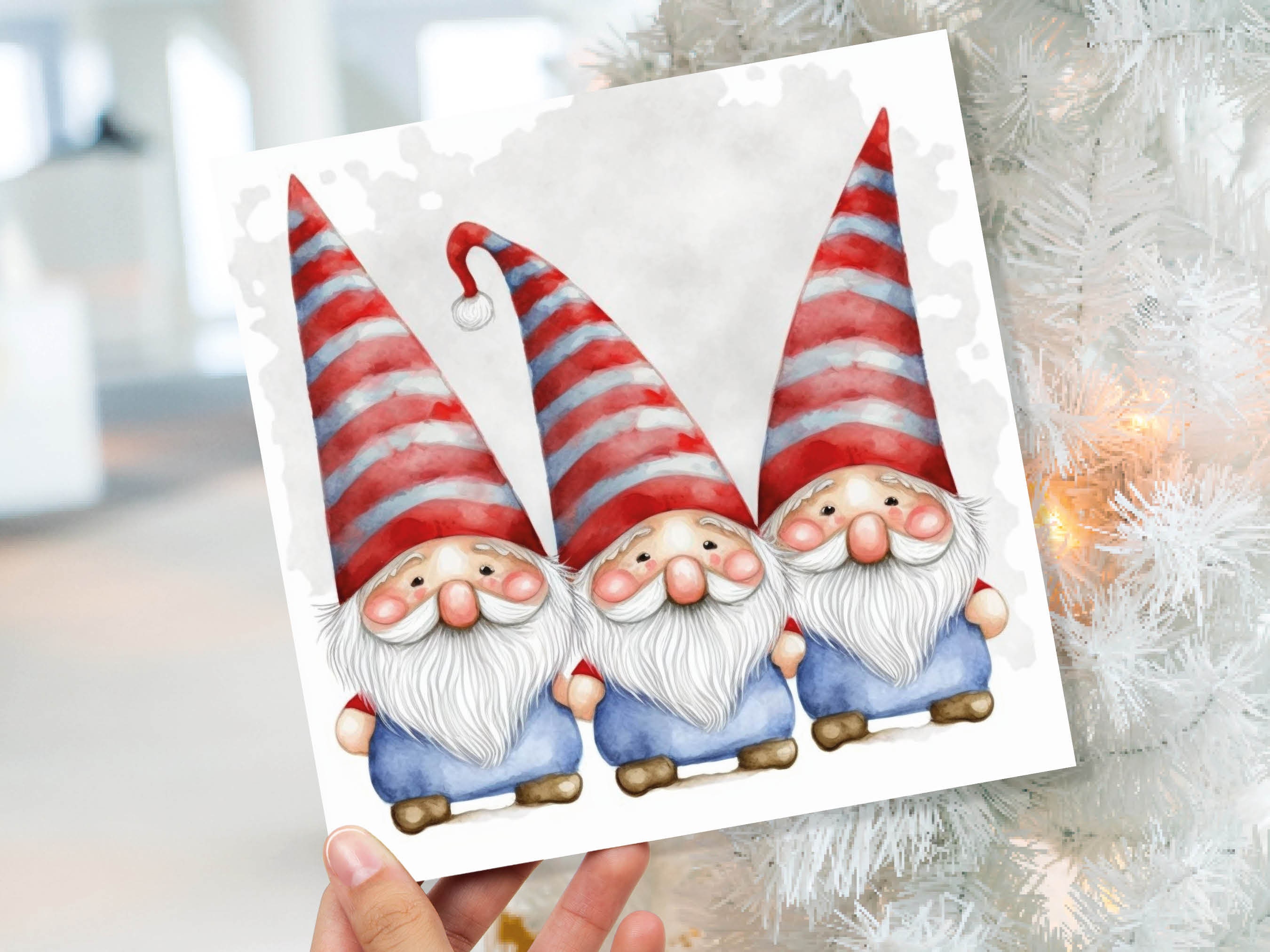 Cute Gonk Gnomes Christmas Card Red Blue White Watercolour Painting Pointy Hats and Beards Greetings Cards For Family Best Friends Xmas 2024 - View 10