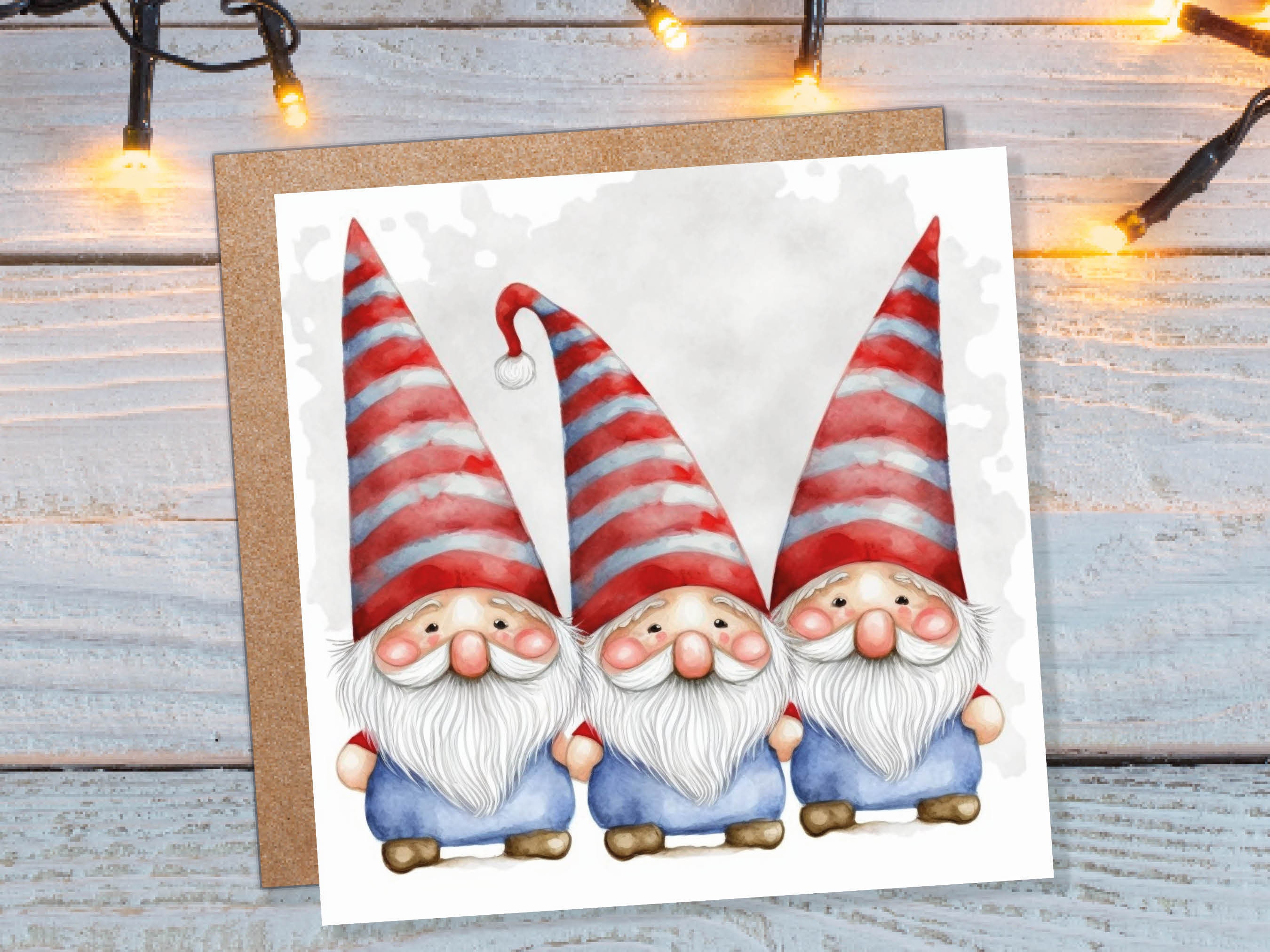 Cute Gonk Gnomes Christmas Card Red Blue White Watercolour Painting Pointy Hats and Beards Greetings Cards For Family Best Friends Xmas 2024