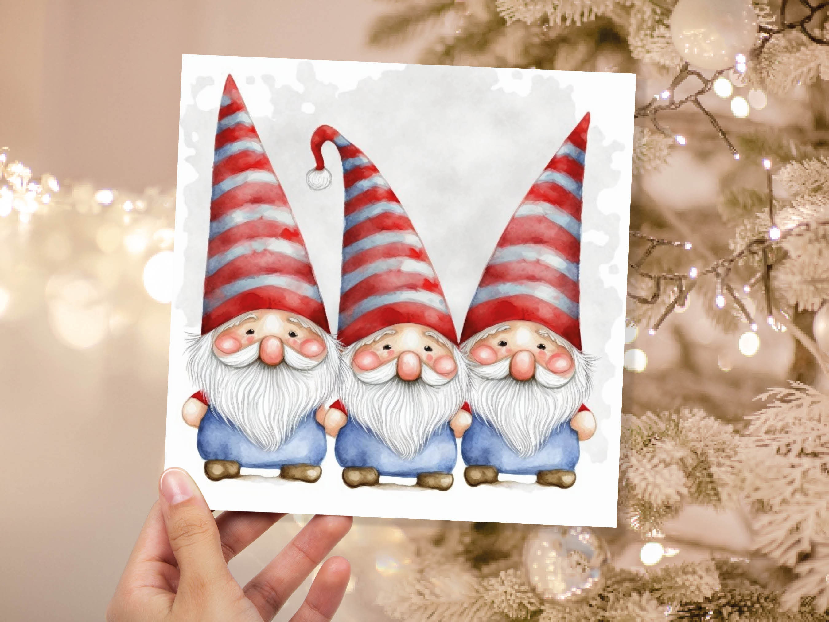 Cute Gonk Gnomes Christmas Card Red Blue White Watercolour Painting Pointy Hats and Beards Greetings Cards For Family Best Friends Xmas 2024 - View 2