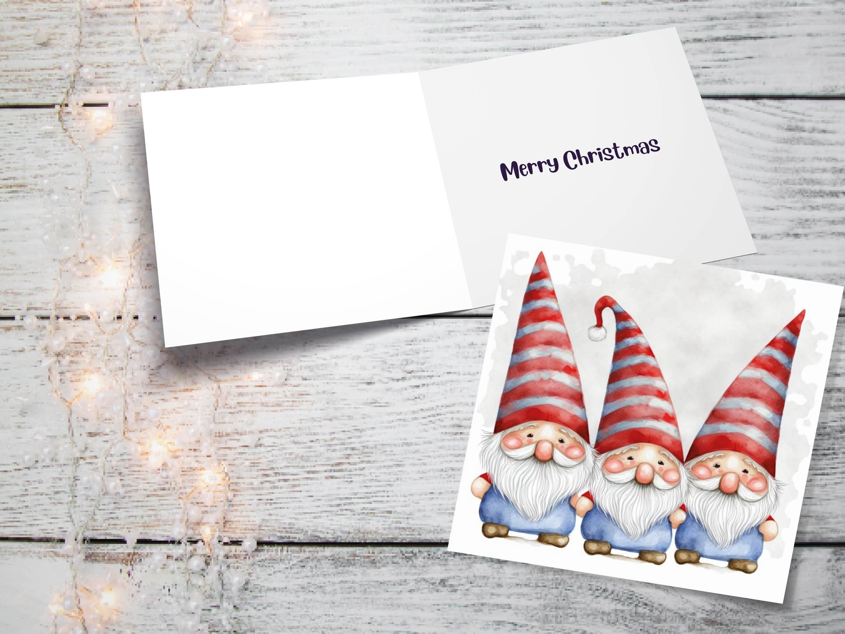 Cute Gonk Gnomes Christmas Card Red Blue White Watercolour Painting Pointy Hats and Beards Greetings Cards For Family Best Friends Xmas 2024 - View 3