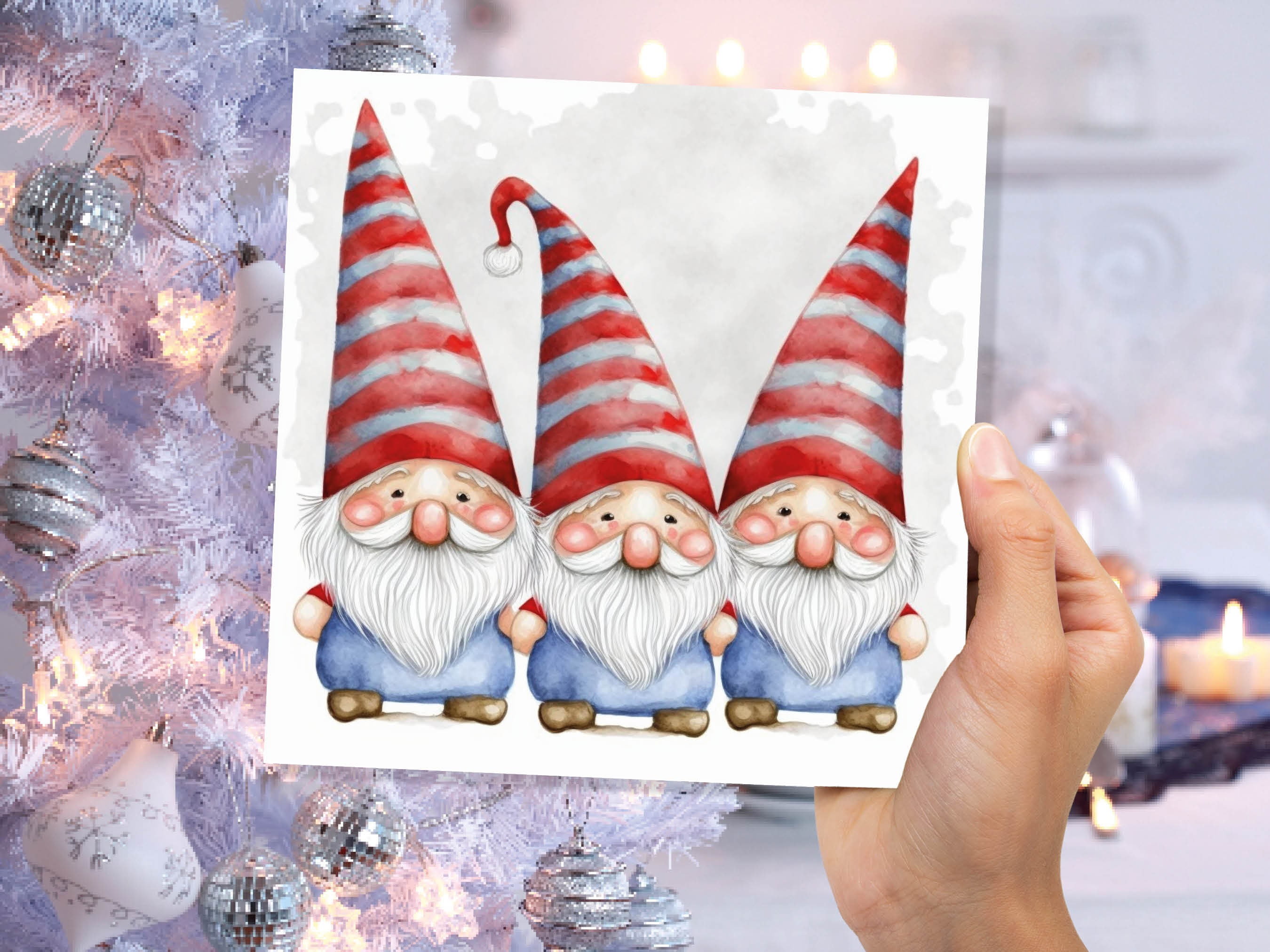 Cute Gonk Gnomes Christmas Card Red Blue White Watercolour Painting Pointy Hats and Beards Greetings Cards For Family Best Friends Xmas 2024 - View 4