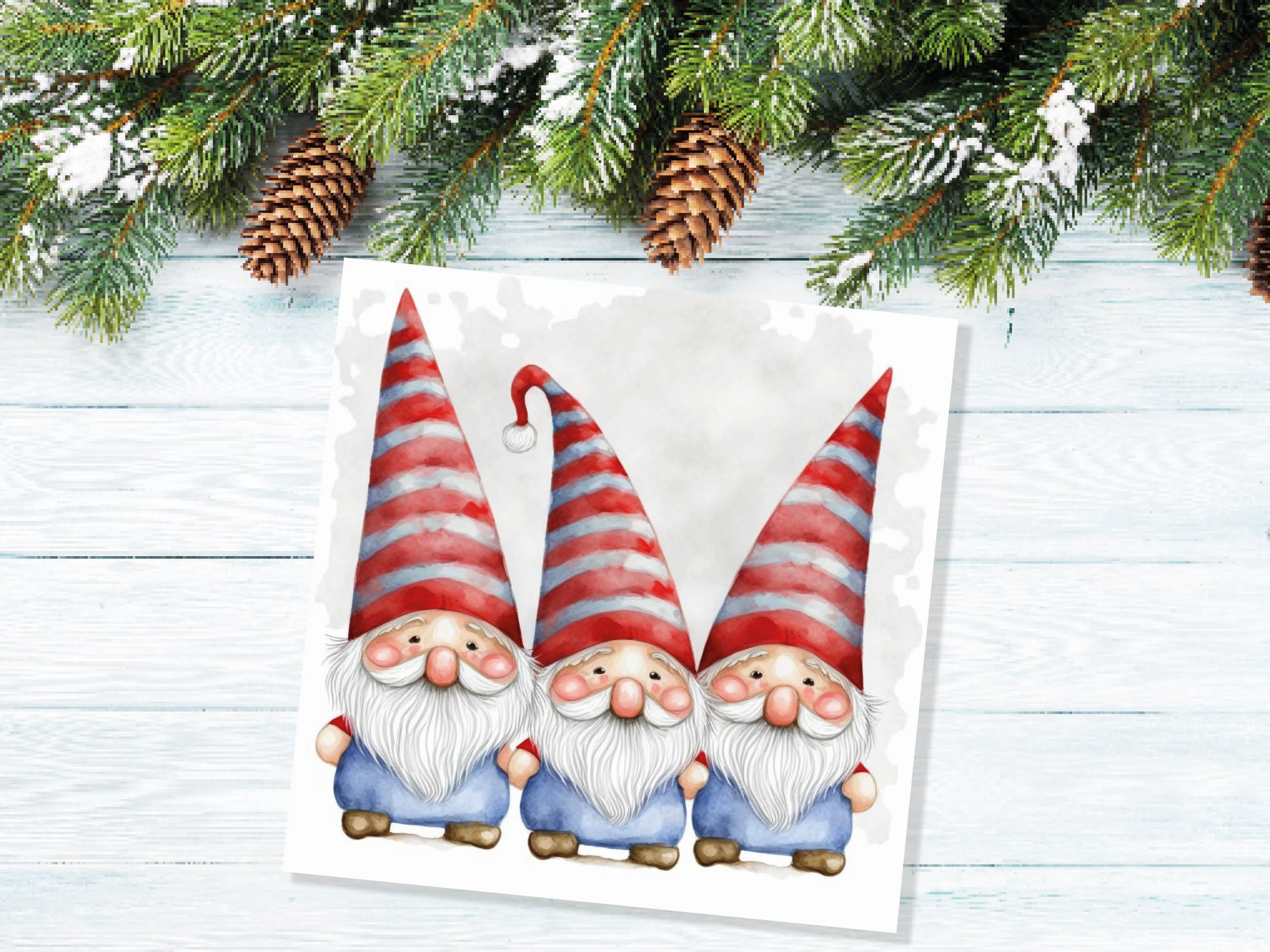 Cute Gonk Gnomes Christmas Card Red Blue White Watercolour Painting Pointy Hats and Beards Greetings Cards For Family Best Friends Xmas 2024 - View 5