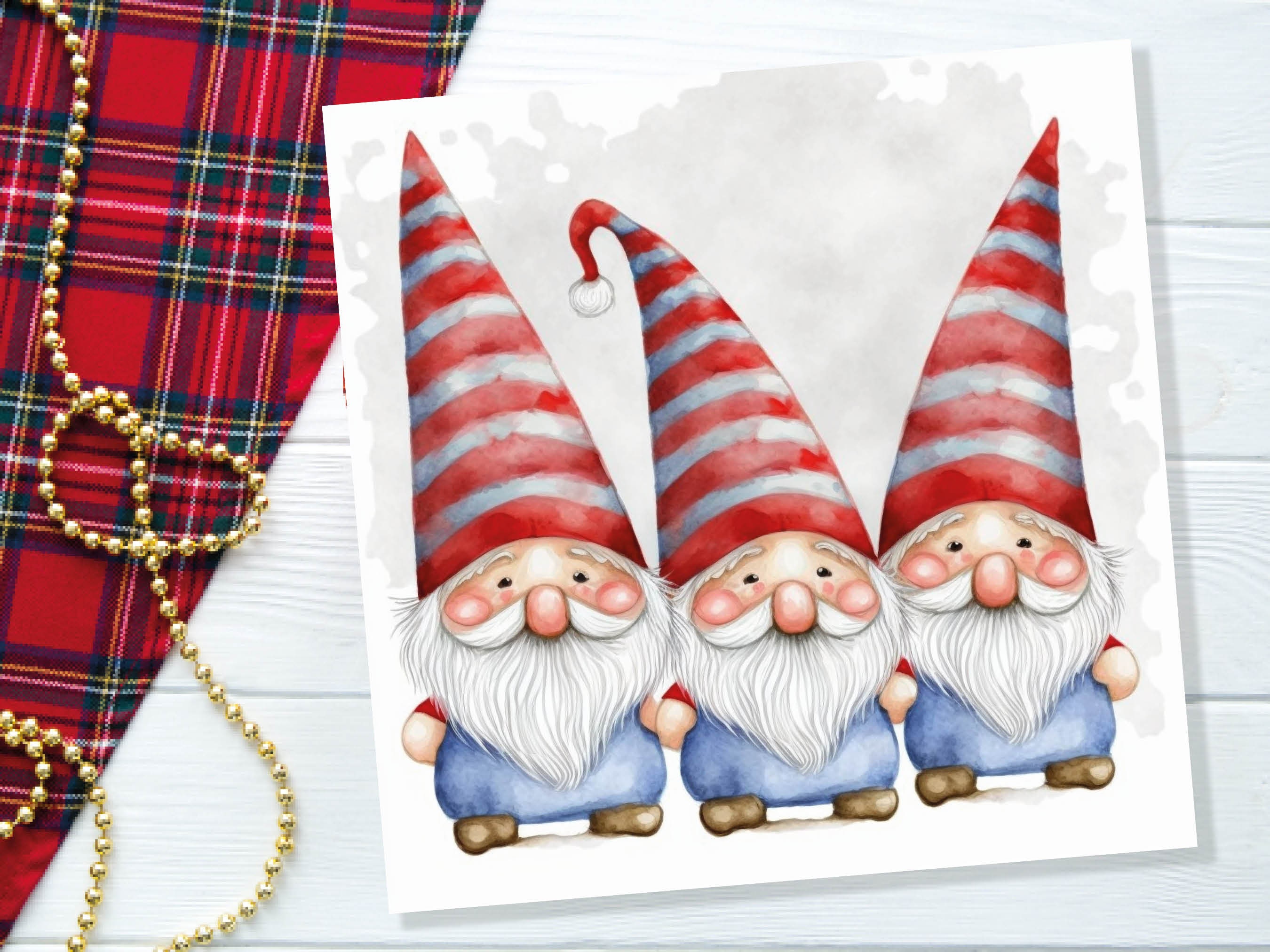 Cute Gonk Gnomes Christmas Card Red Blue White Watercolour Painting Pointy Hats and Beards Greetings Cards For Family Best Friends Xmas 2024 - View 6