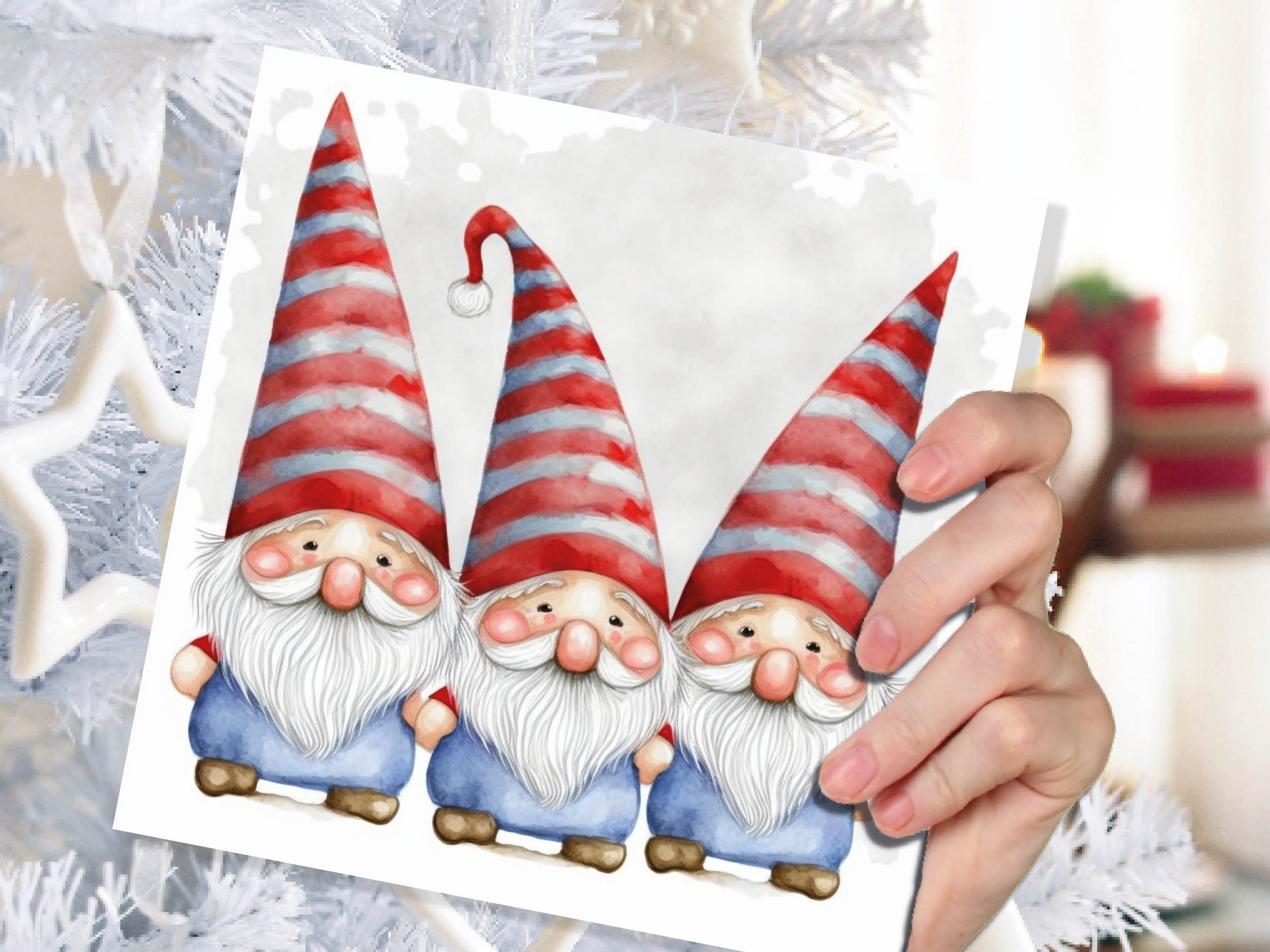 Cute Gonk Gnomes Christmas Card Red Blue White Watercolour Painting Pointy Hats and Beards Greetings Cards For Family Best Friends Xmas 2024 - View 7