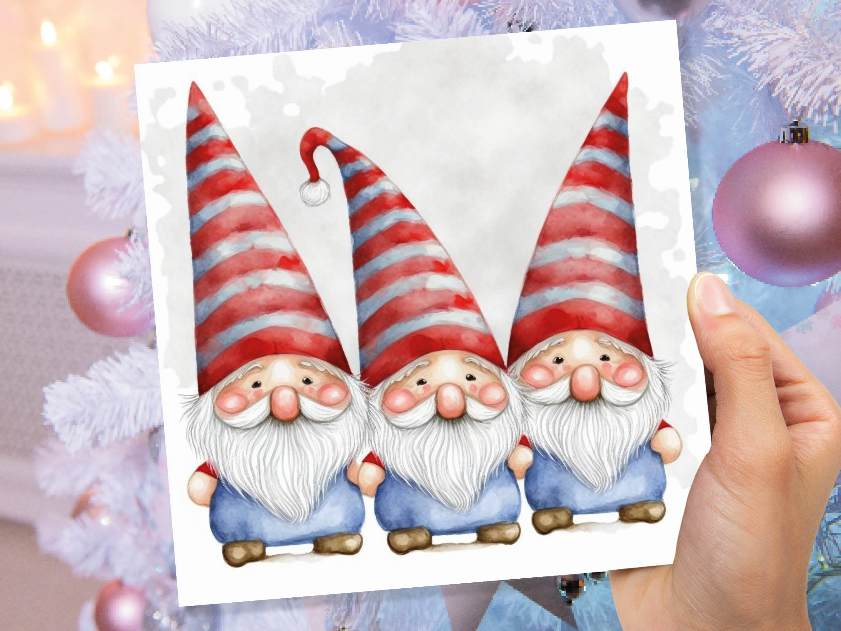 Cute Gonk Gnomes Christmas Card Red Blue White Watercolour Painting Pointy Hats and Beards Greetings Cards For Family Best Friends Xmas 2024 - View 8