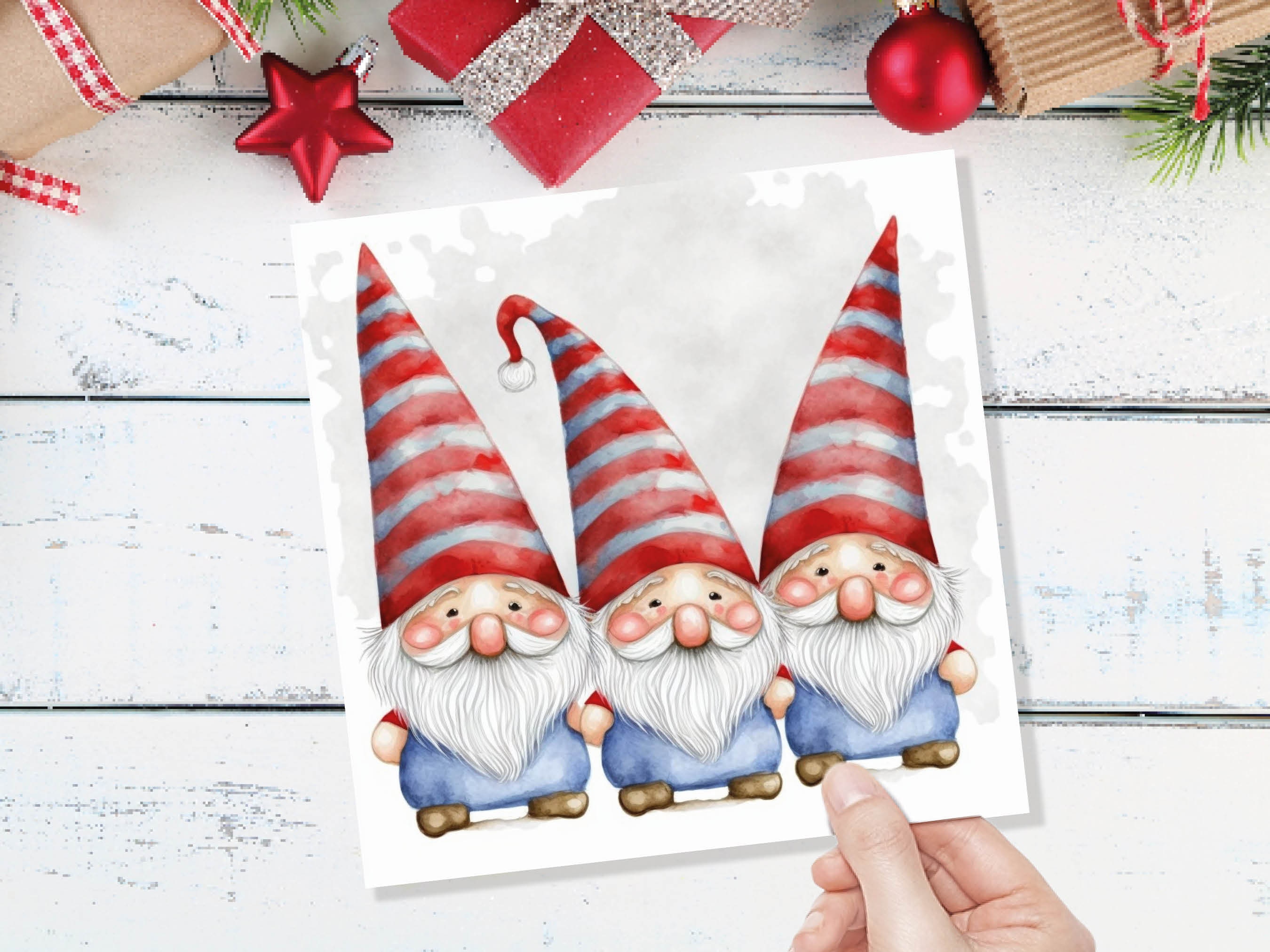 Cute Gonk Gnomes Christmas Card Red Blue White Watercolour Painting Pointy Hats and Beards Greetings Cards For Family Best Friends Xmas 2024 - View 9