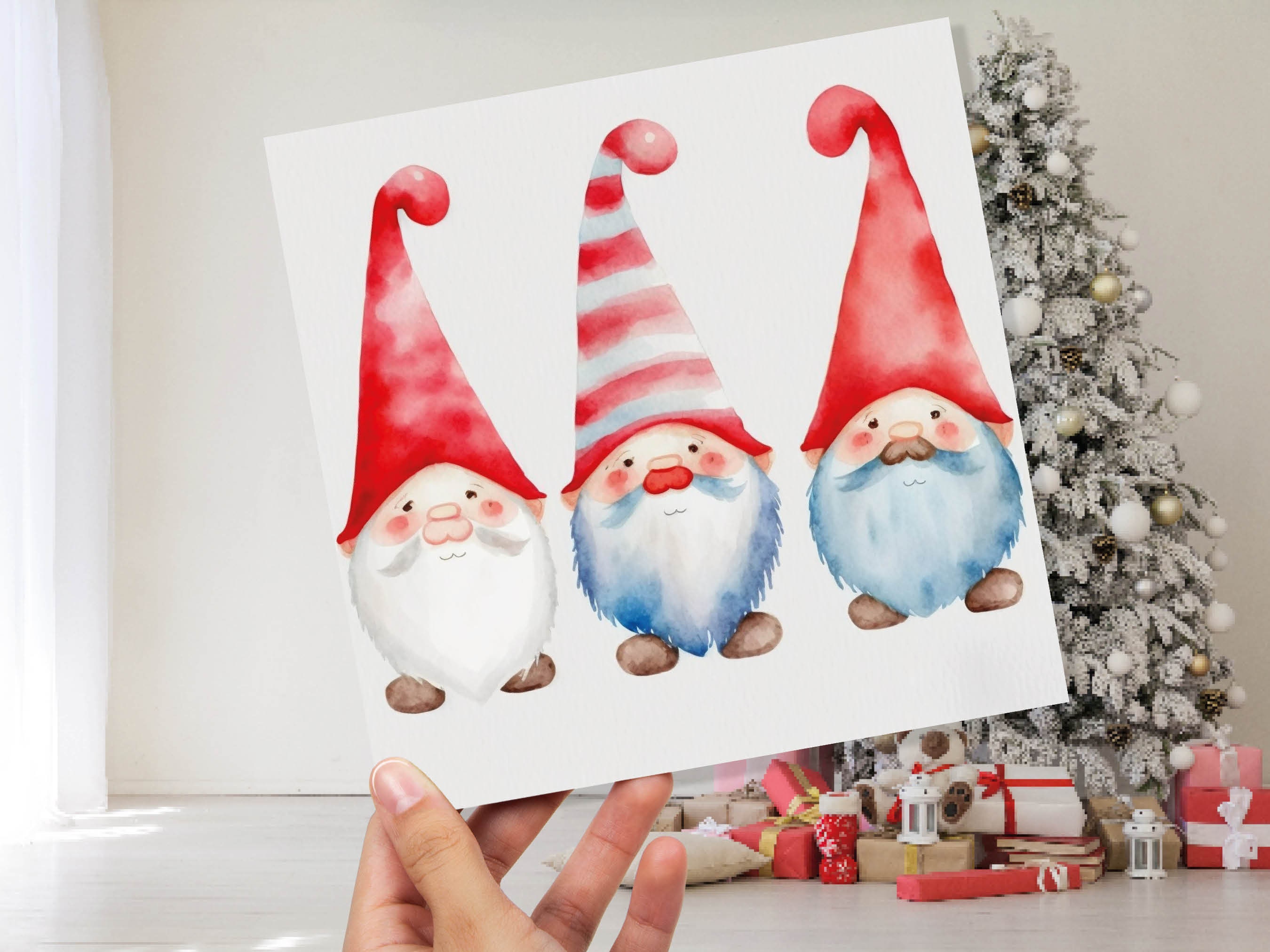 Christmas Gnomes Card Cute Gonk Myth Red White Watercolour Painting Pointy Hats and Beards Greetings Cards For Family Best Friends Xmas 2024 - View 10